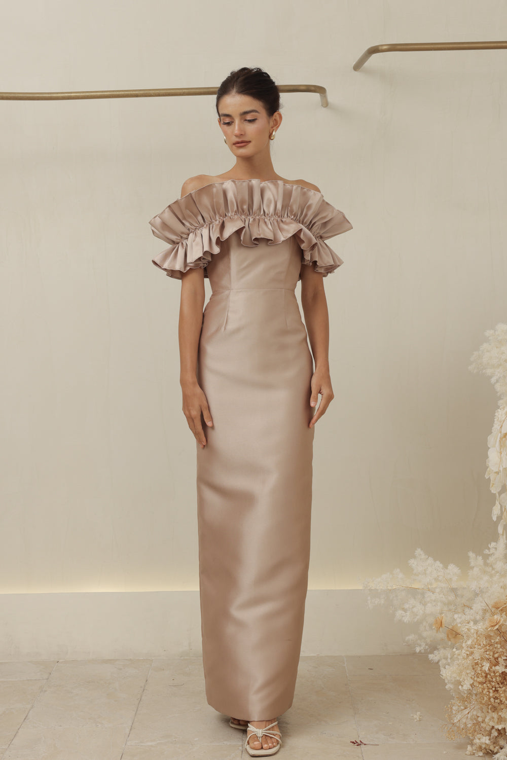 CLEMENTINE DRESS Off Shoulder Pencil Skirt Gown with Oversize Ruffle (Tan Dupioni)