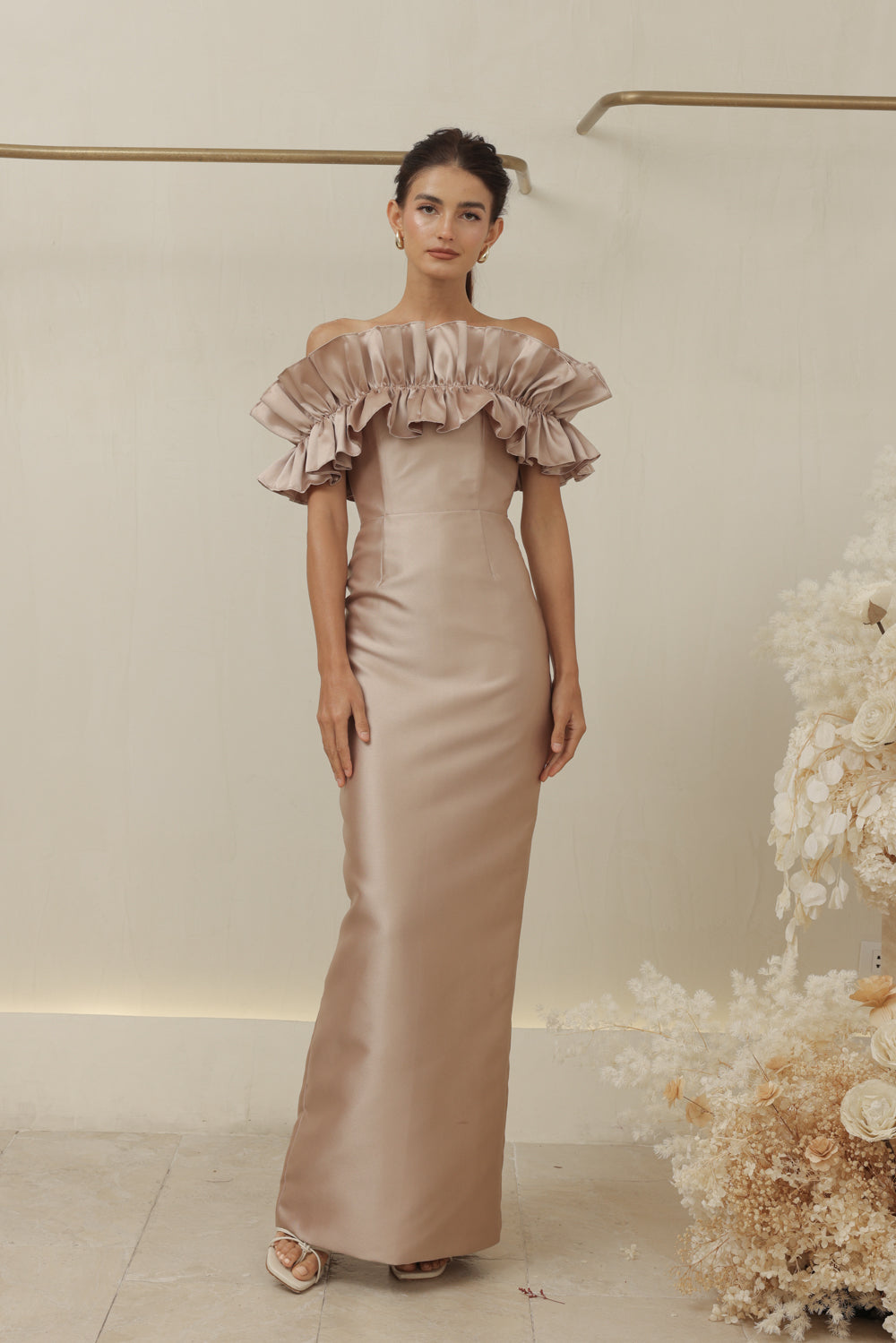 CLEMENTINE DRESS Off Shoulder Pencil Skirt Gown with Oversize Ruffle (Tan Dupioni)