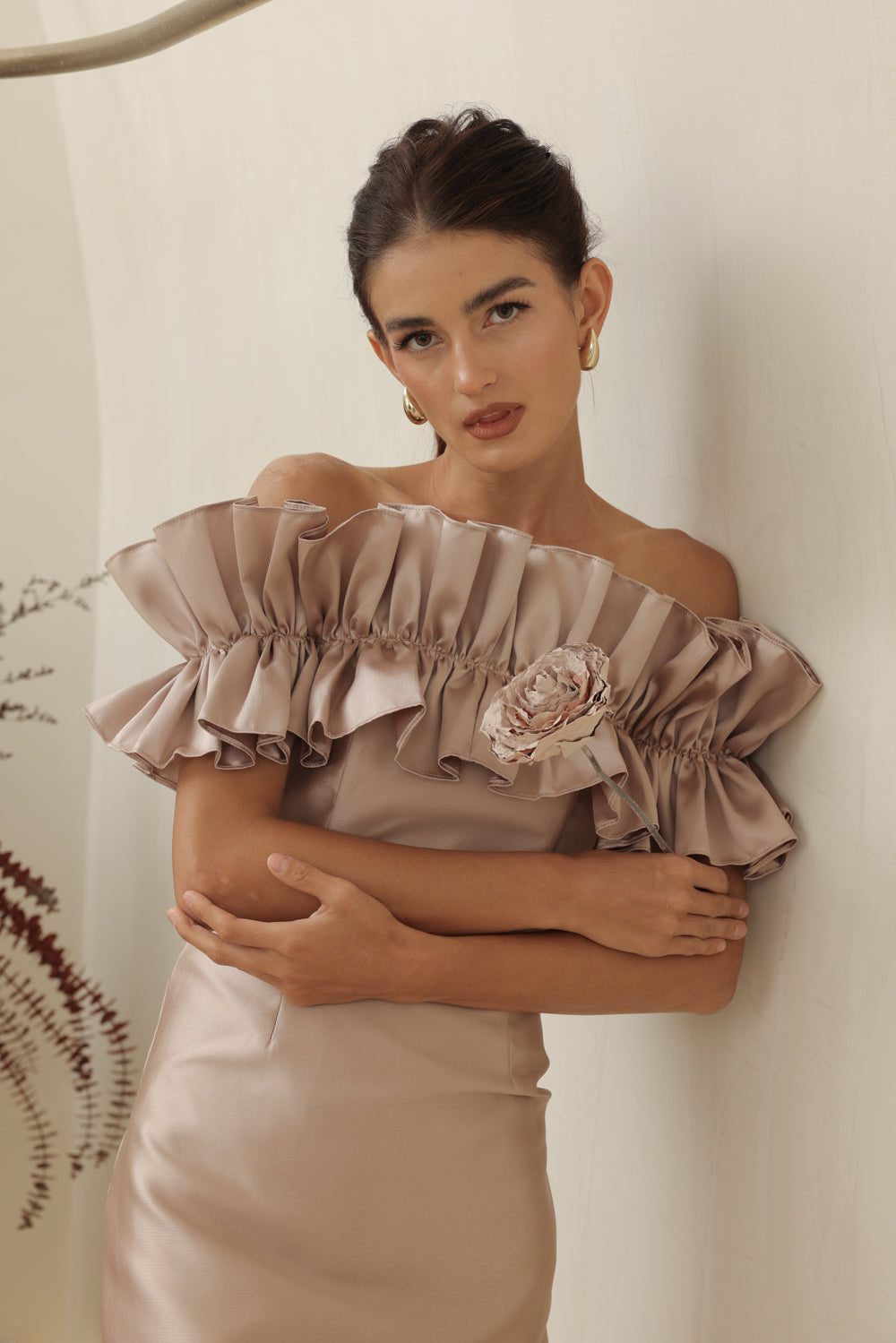 CLEMENTINE DRESS Off Shoulder Pencil Skirt Gown with Oversize Ruffle (Tan Dupioni)