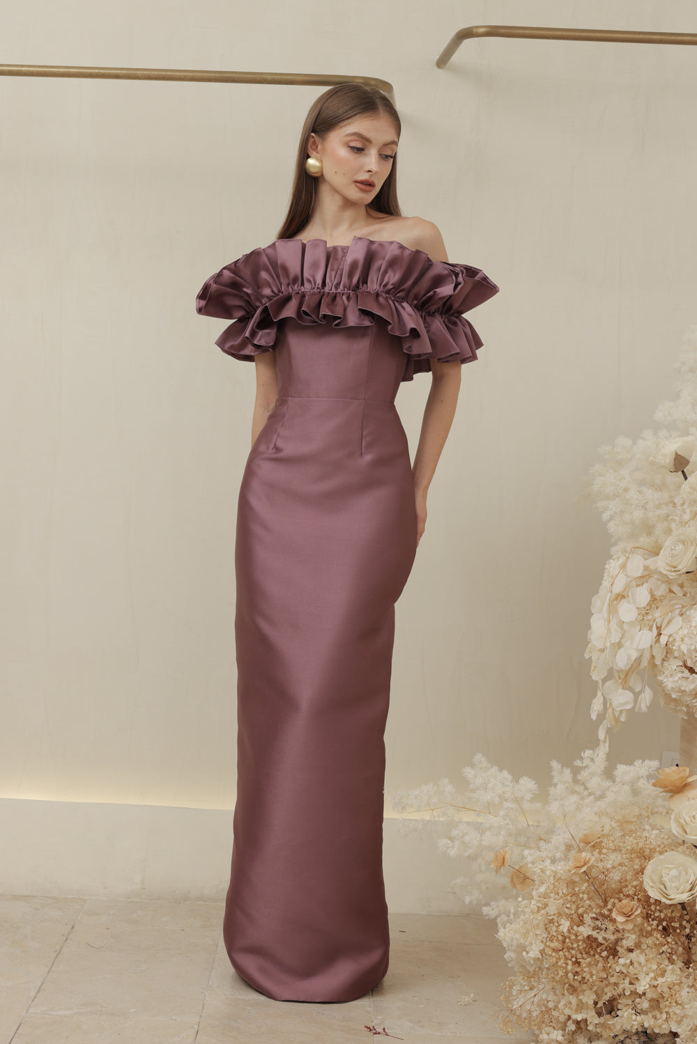 CLEMENTINE DRESS Off Shoulder Pencil Skirt Maxi Gown with Oversize Ruffle (Dark Mauve Dupioni)