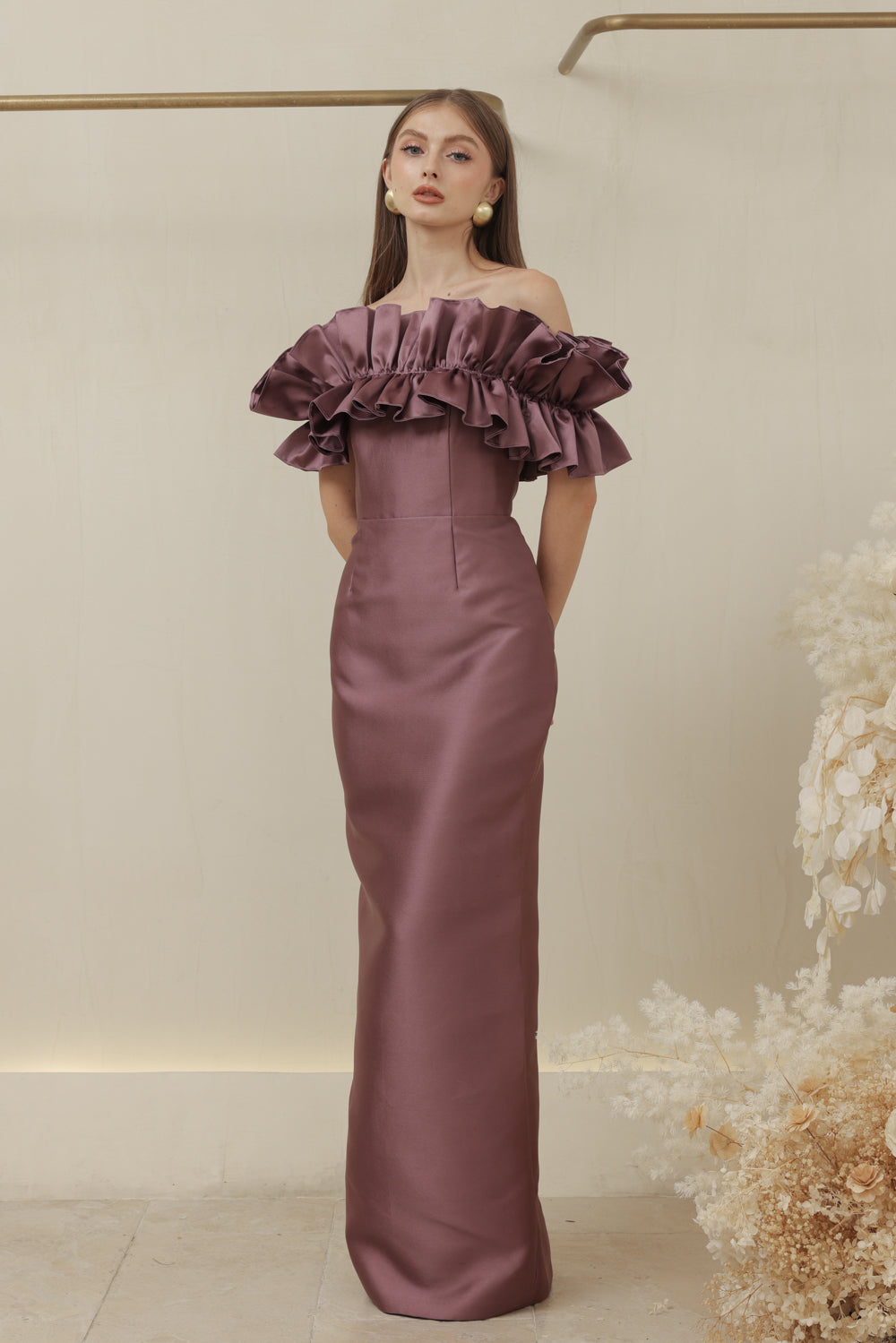 CLEMENTINE DRESS Off Shoulder Pencil Skirt Maxi Gown with Oversize Ruffle (Dark Mauve Dupioni)