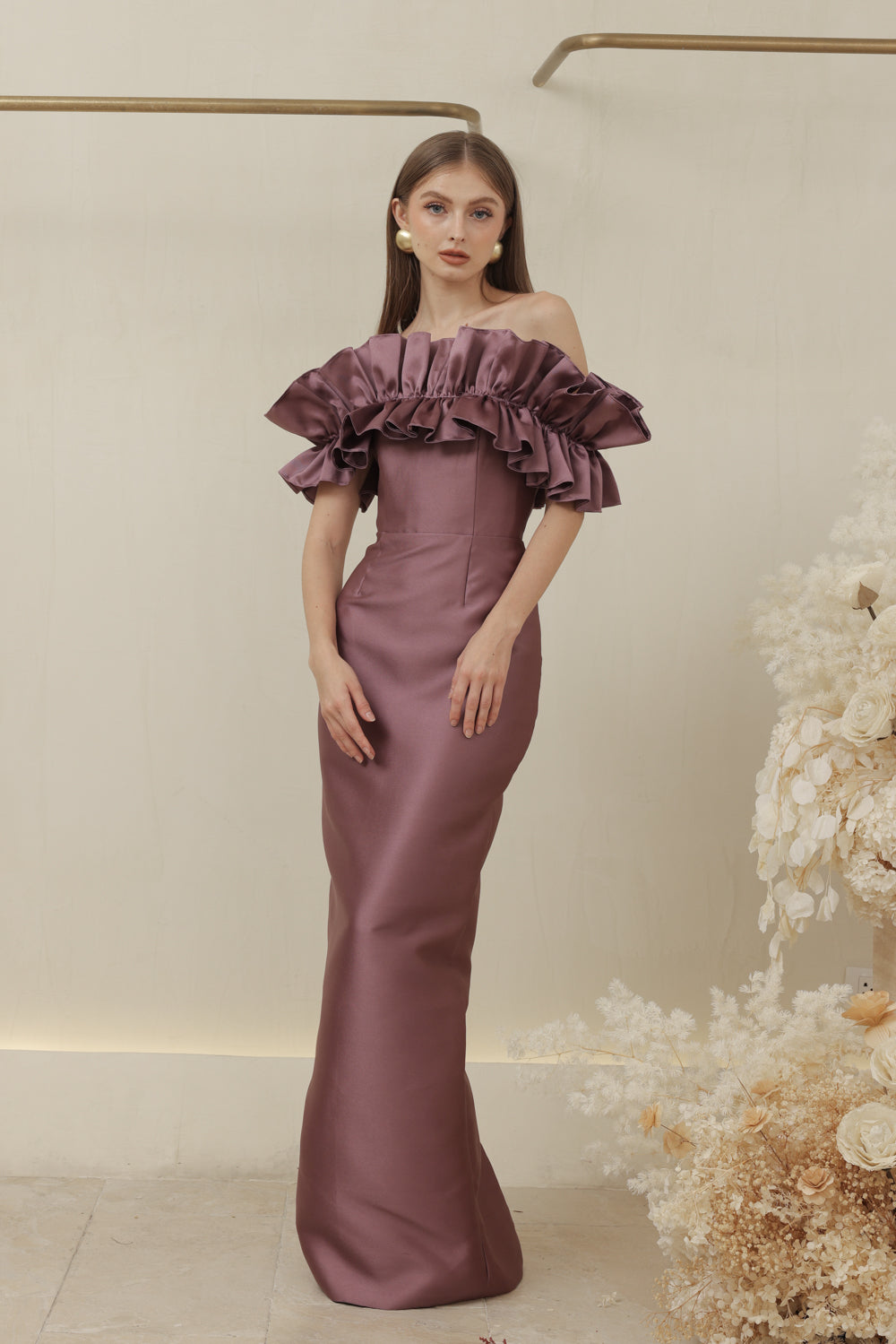 CLEMENTINE DRESS Off Shoulder Pencil Skirt Maxi Gown with Oversize Ruffle (Dark Mauve Dupioni)