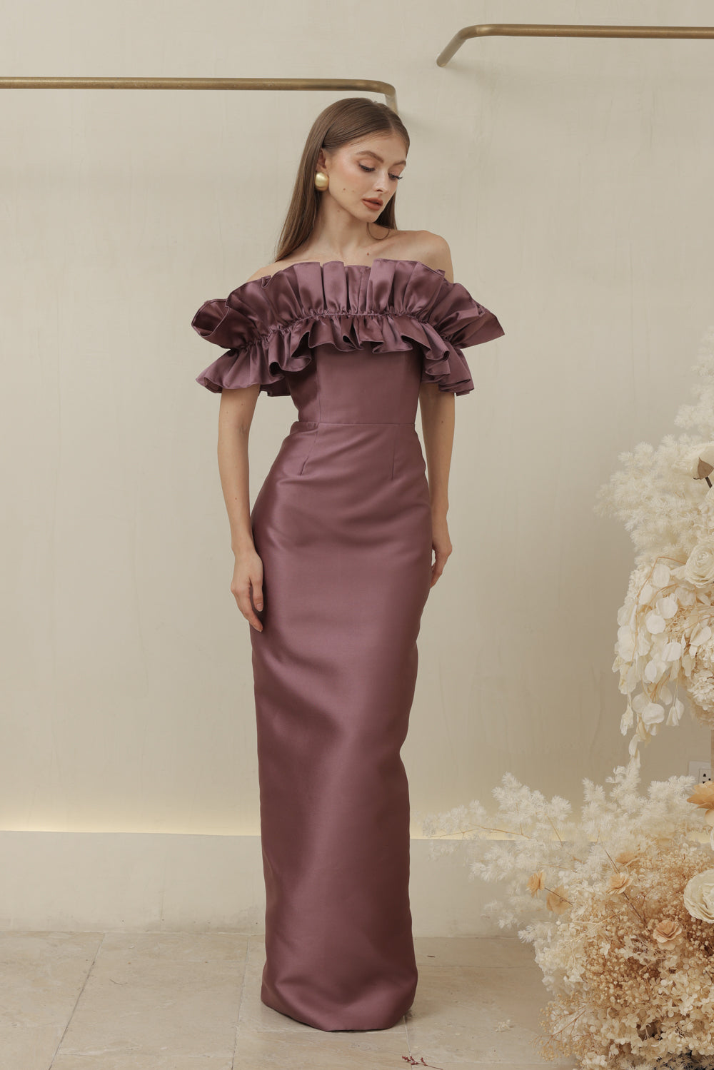 CLEMENTINE DRESS Off Shoulder Pencil Skirt Maxi Gown with Oversize Ruffle (Dark Mauve Dupioni)