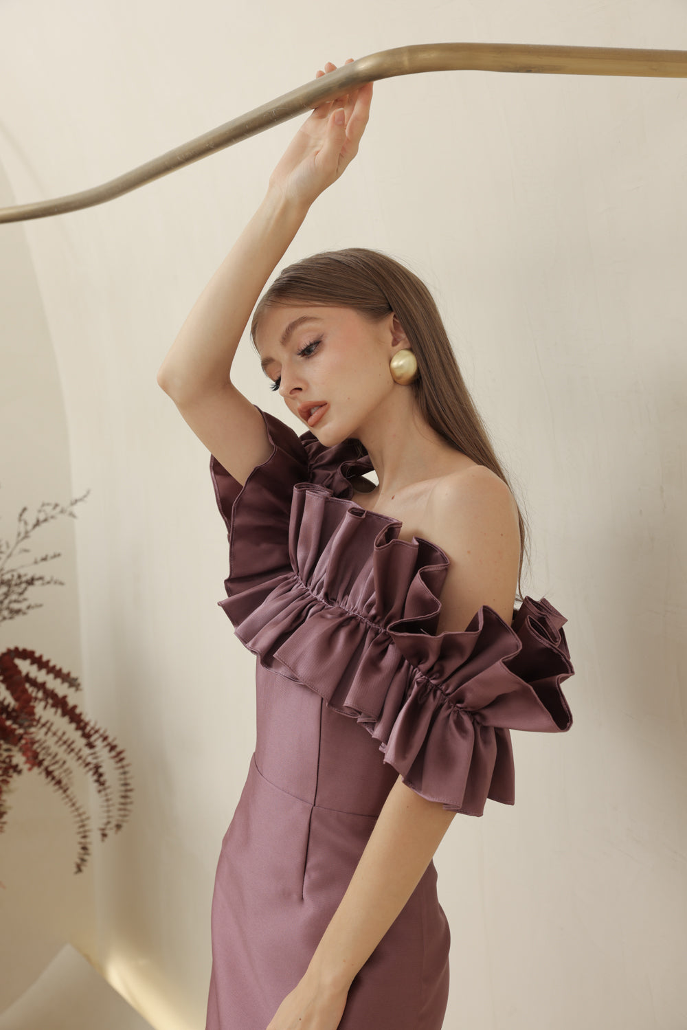 CLEMENTINE DRESS Off Shoulder Pencil Skirt Maxi Gown with Oversize Ruffle (Dark Mauve Dupioni)