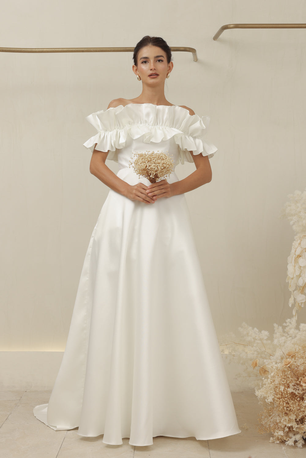 LUMIERE DRESS Off Shoulder Maxi Gown with Oversize Ruffle and Pockets (Ivory White Dupioni)