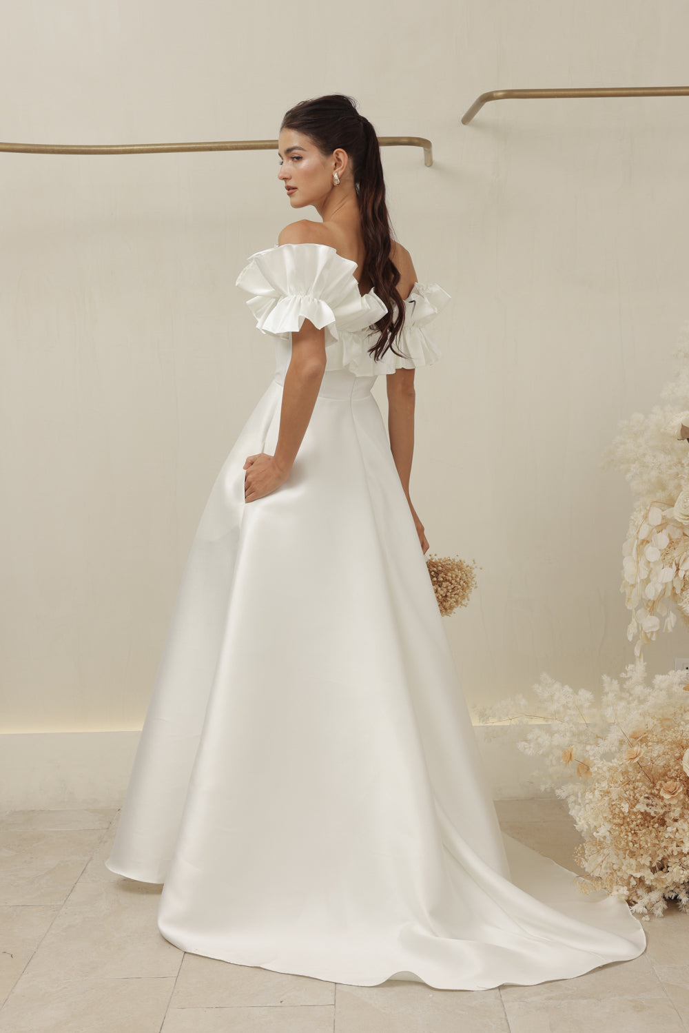 LUMIERE DRESS Off Shoulder Maxi Gown with Oversize Ruffle and Pockets (Ivory White Dupioni)