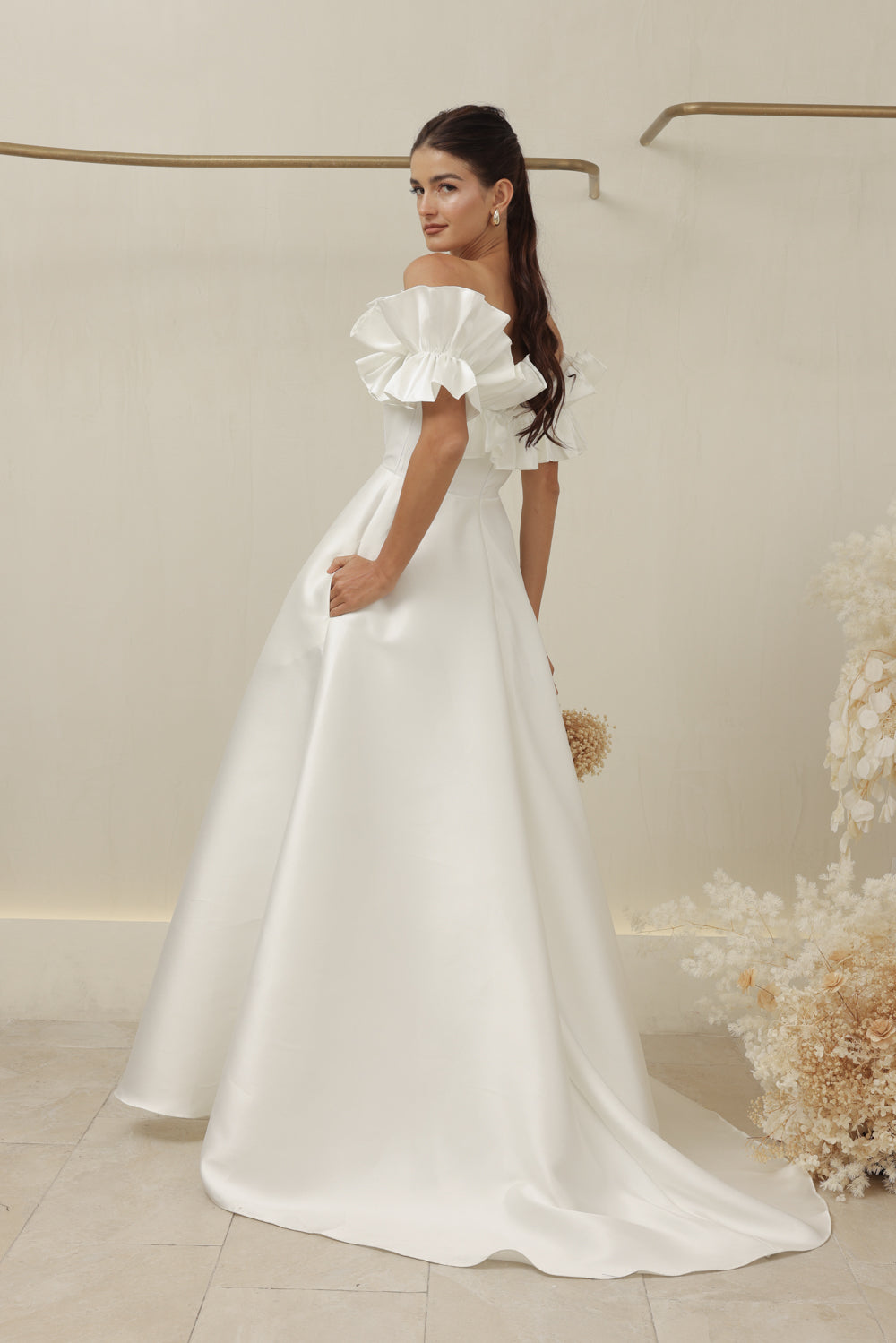 LUMIERE DRESS Off Shoulder Maxi Gown with Oversize Ruffle and Pockets (Ivory White Dupioni)
