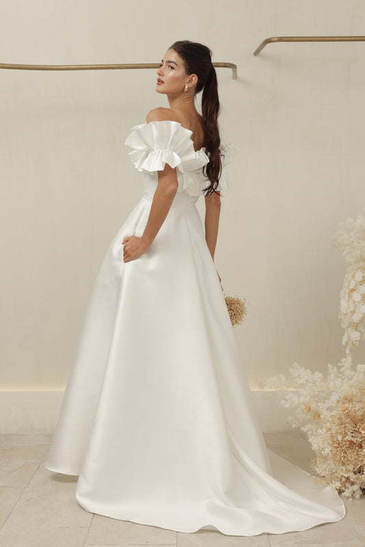 LUMIERE DRESS Off Shoulder Maxi Gown with Oversize Ruffle and Pockets (Ivory White Dupioni)