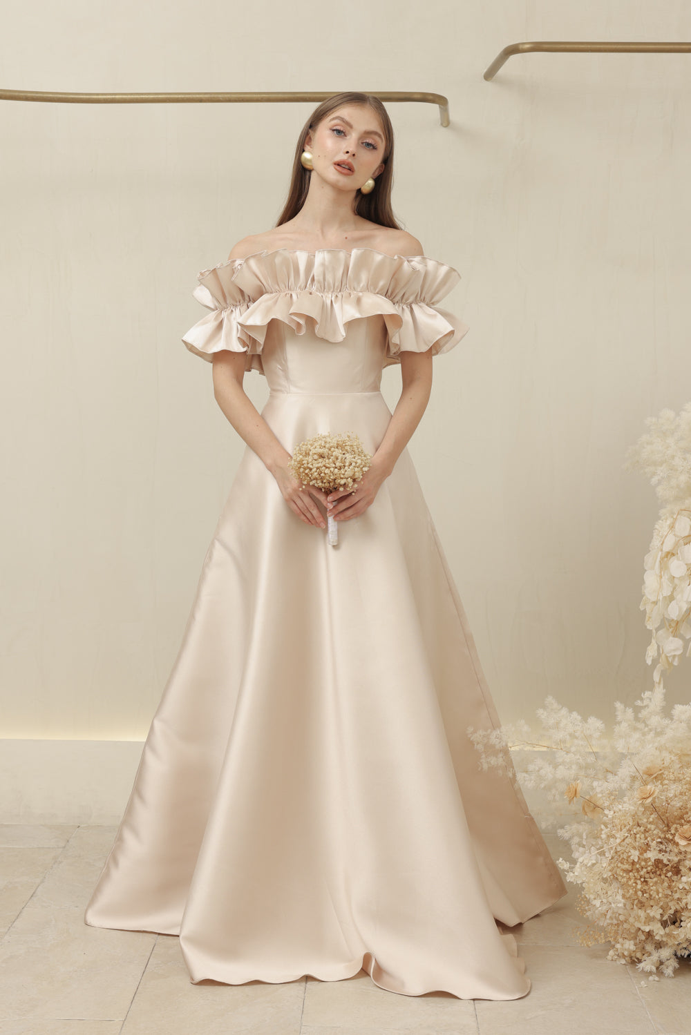 LUMIERE DRESS Off Shoulder Maxi Gown with Oversize Ruffle and Pockets (Nude Dupioni)