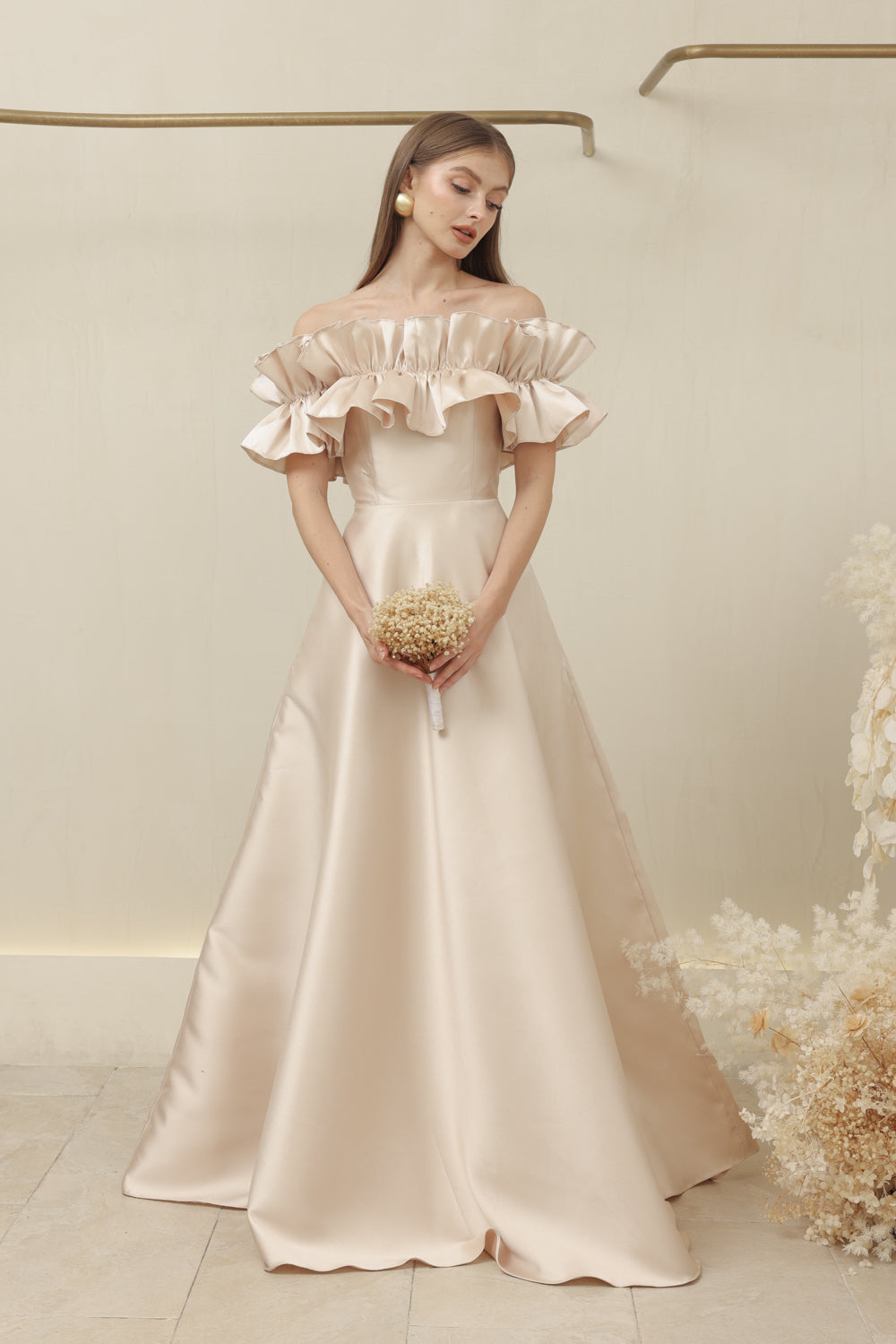 LUMIERE DRESS Off Shoulder Maxi Gown with Oversize Ruffle and Pockets (Nude Dupioni)