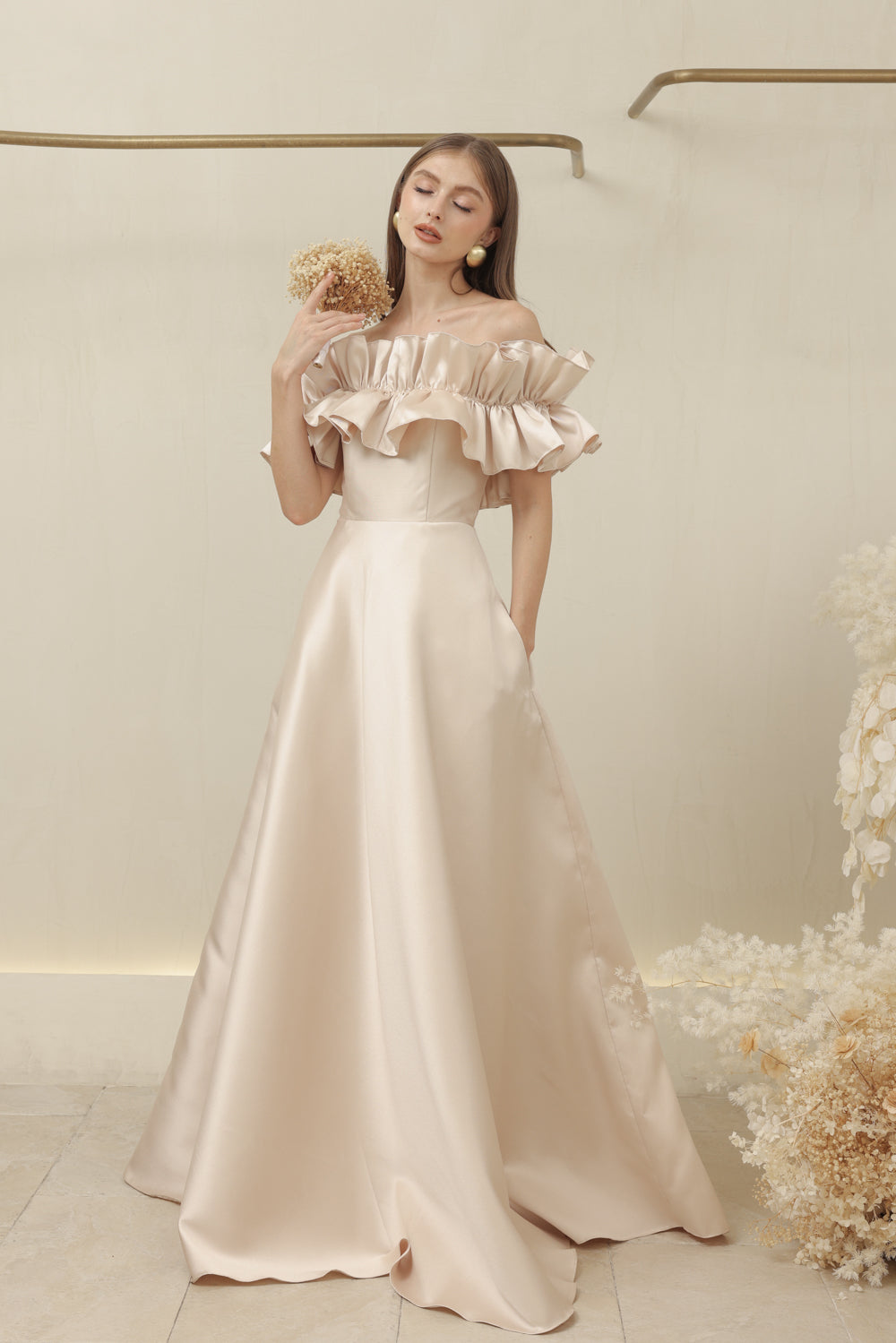 LUMIERE DRESS Off Shoulder Maxi Gown with Oversize Ruffle and Pockets (Nude Dupioni)