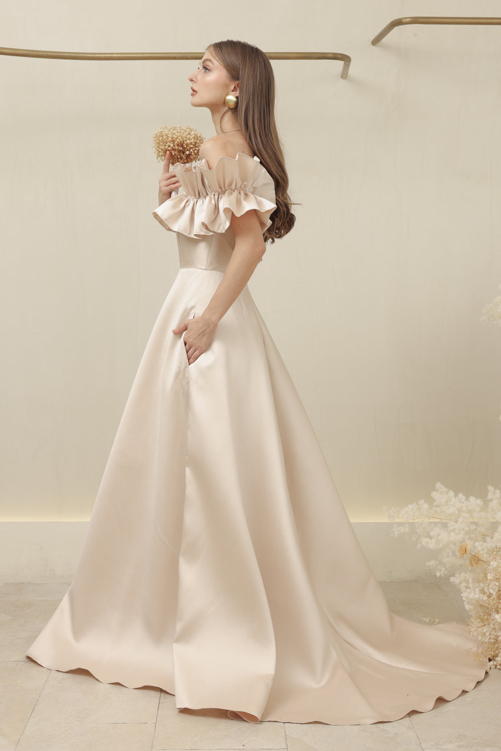 LUMIERE DRESS Off Shoulder Maxi Gown with Oversize Ruffle and Pockets (Nude Dupioni)