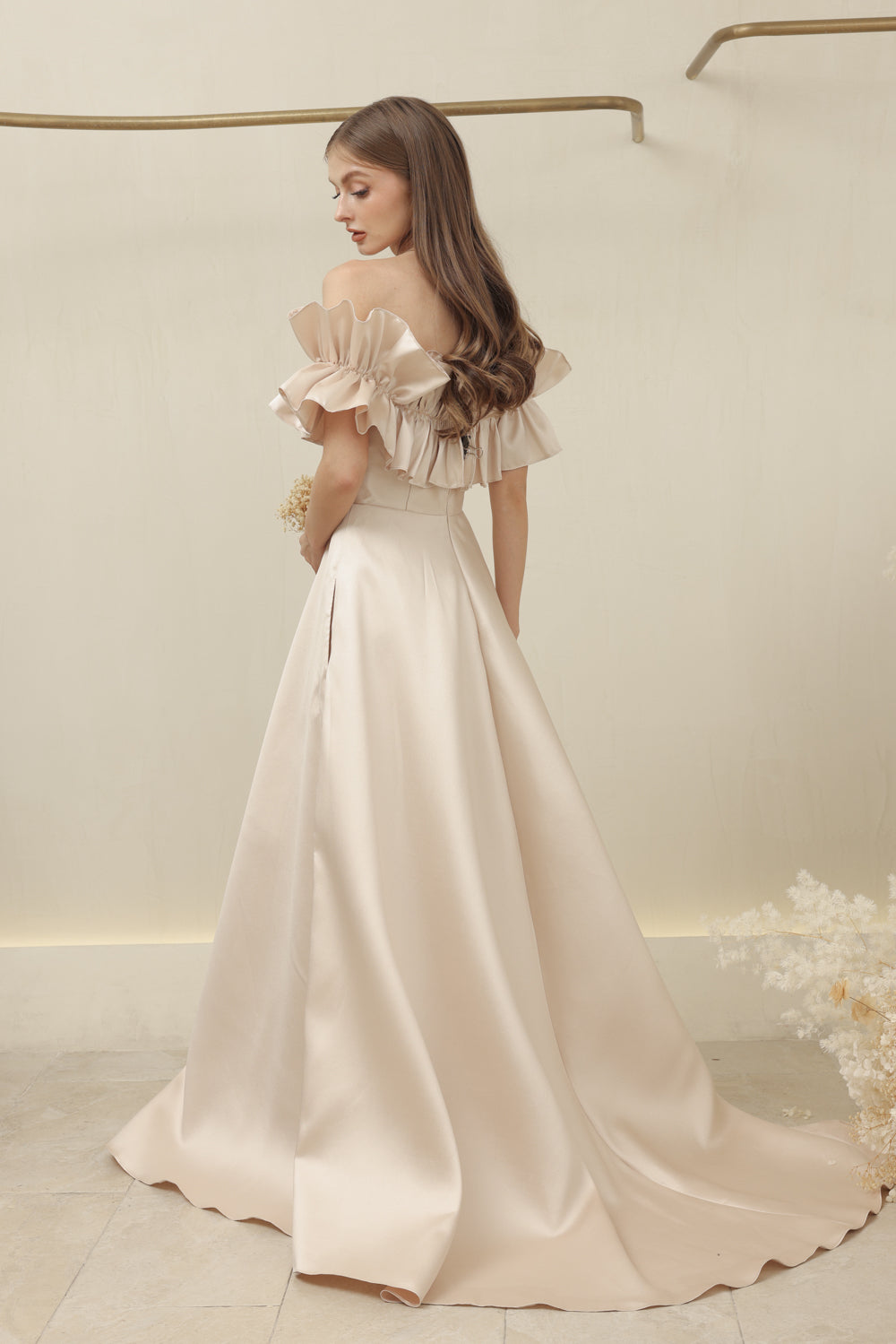 LUMIERE DRESS Off Shoulder Maxi Gown with Oversize Ruffle and Pockets (Nude Dupioni)