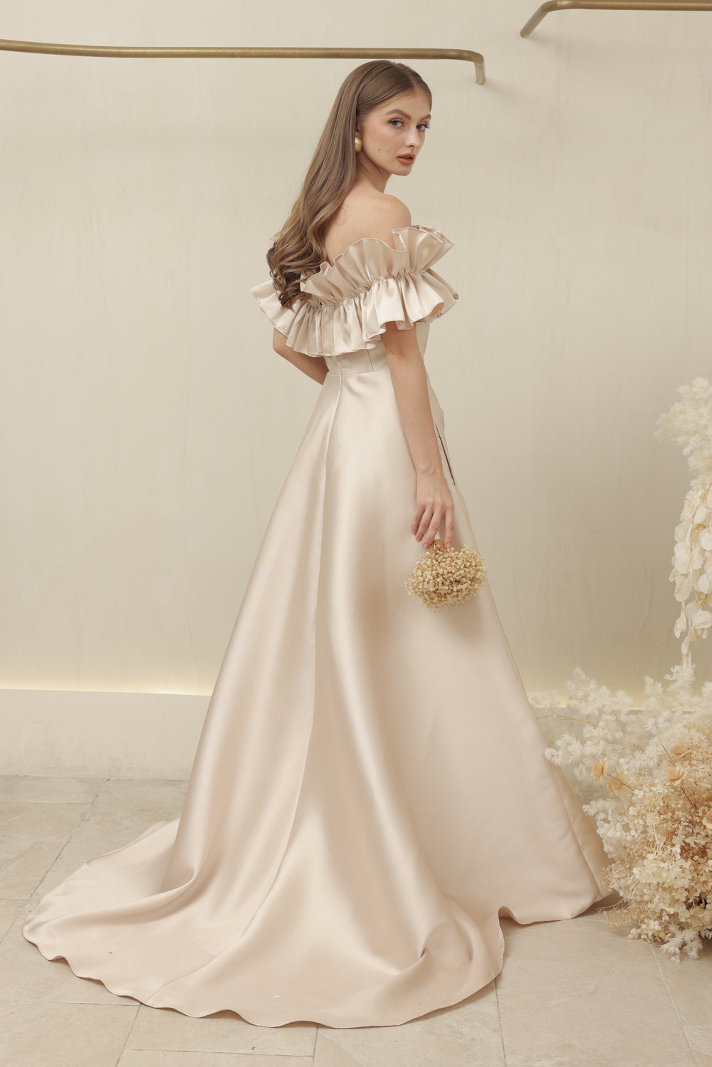 LUMIERE DRESS Off Shoulder Maxi Gown with Oversize Ruffle and Pockets (Nude Dupioni)