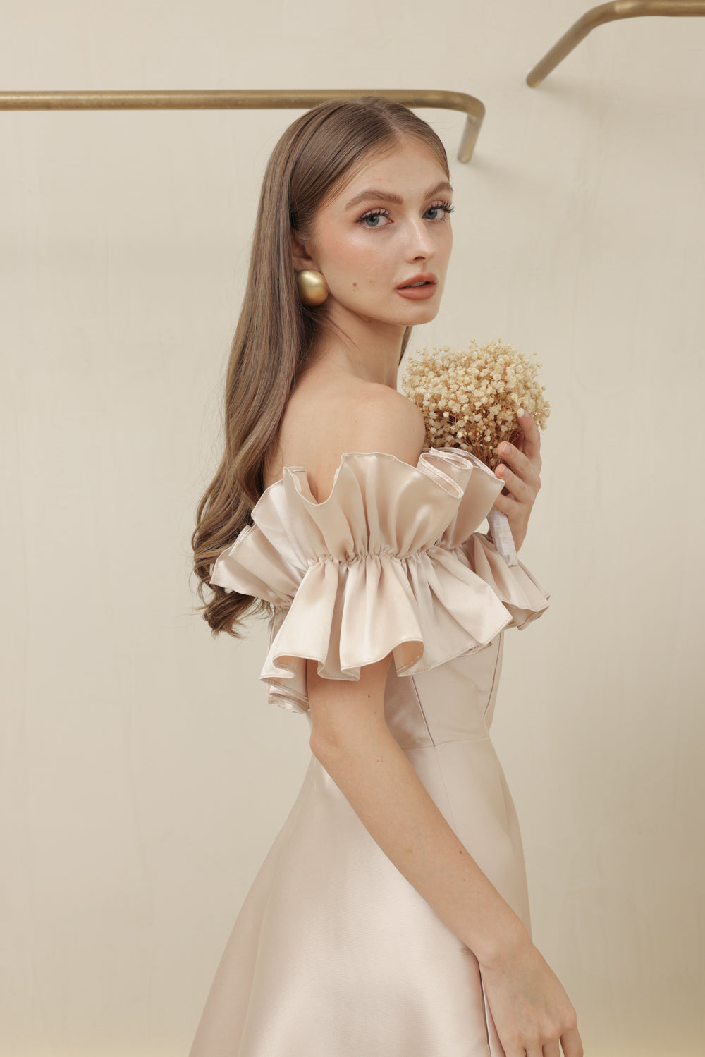 LUMIERE DRESS Off Shoulder Maxi Gown with Oversize Ruffle and Pockets (Nude Dupioni)