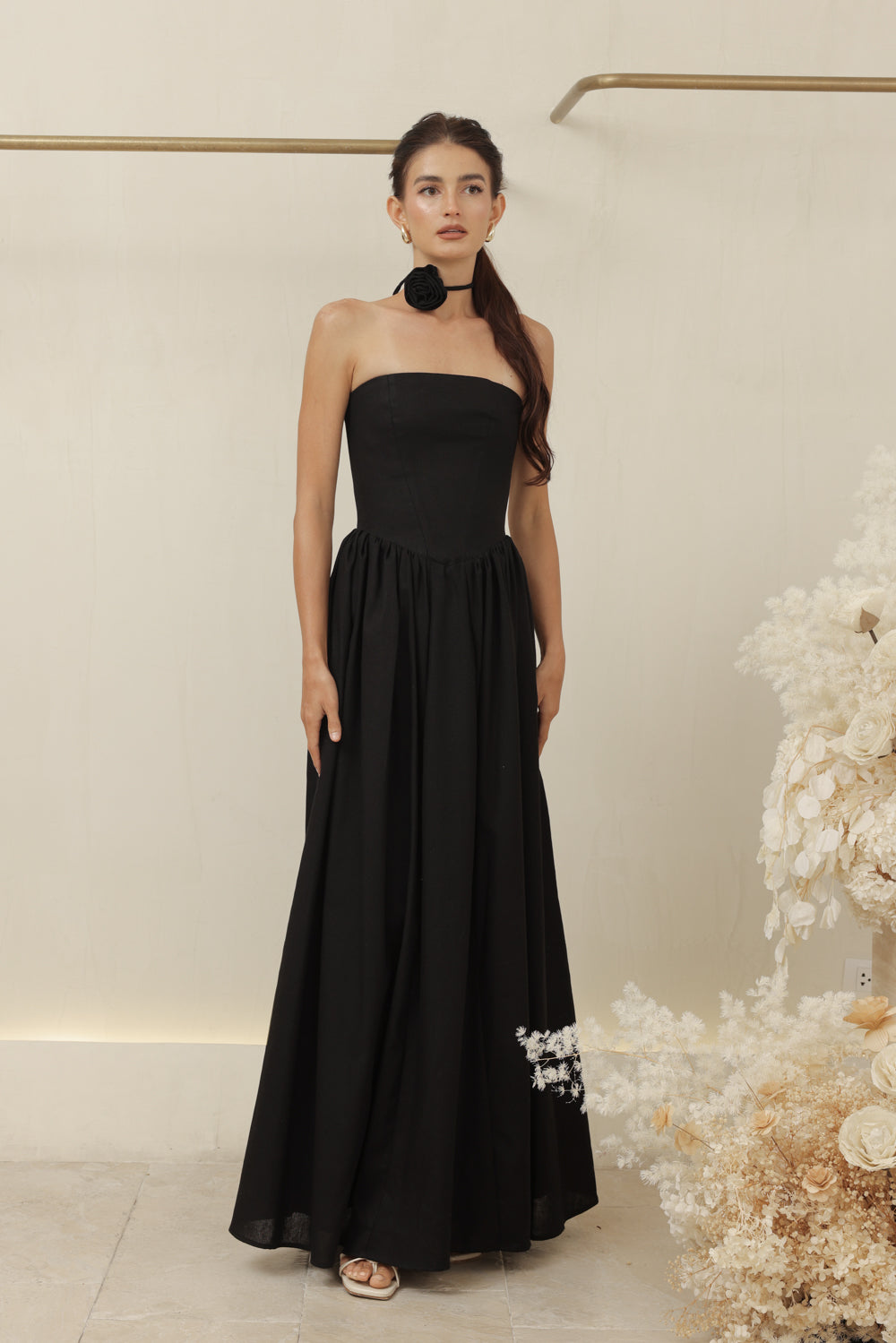 CAPUCINE DRESS Strapless Baroque Style Waist Maxi Dress with Floral Neckpiece (Black Linen)
