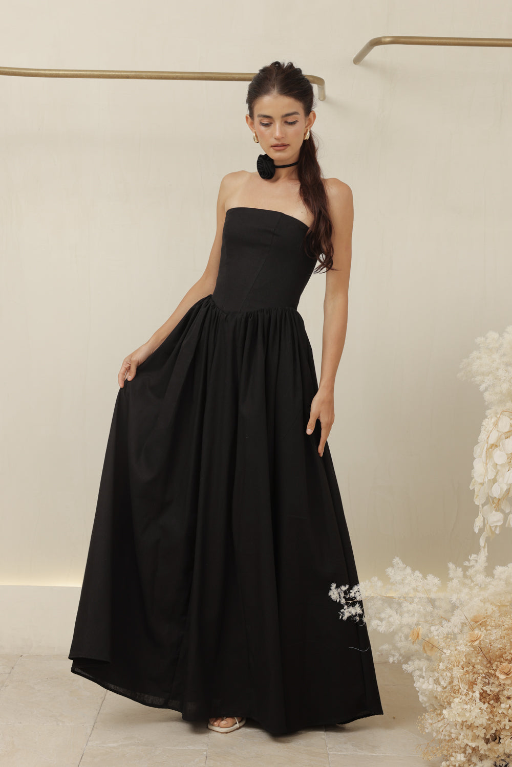 CAPUCINE DRESS Strapless Baroque Style Waist Maxi Dress with Floral Neckpiece (Black Linen)