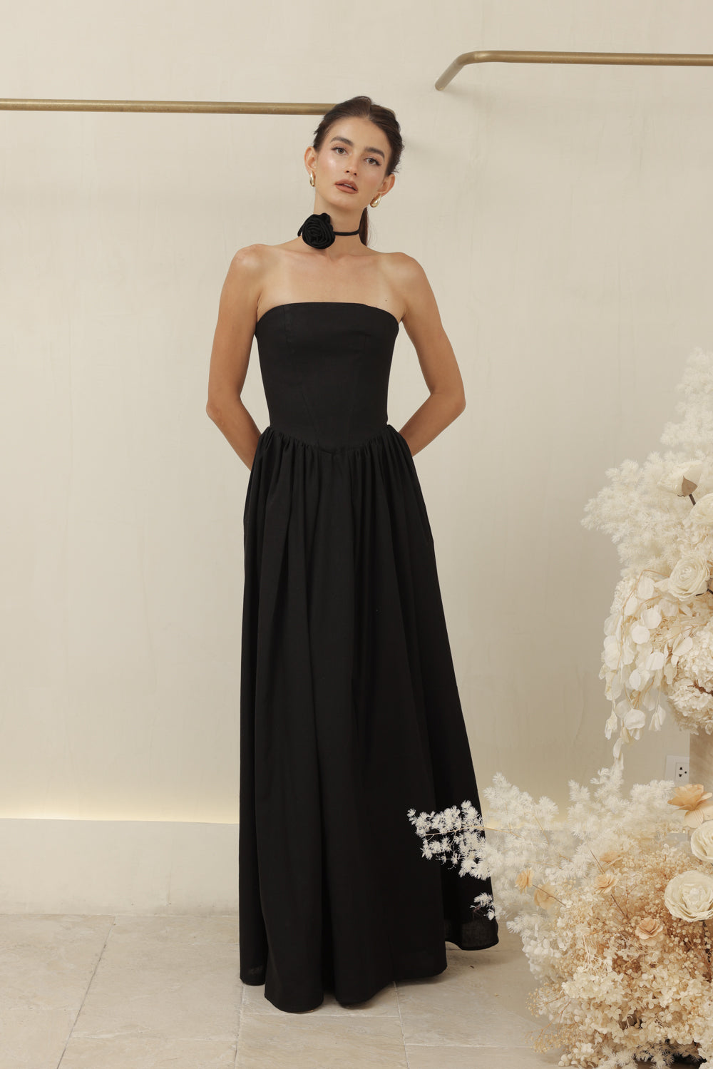 CAPUCINE DRESS Strapless Baroque Style Waist Maxi Dress with Floral Neckpiece (Black Linen)