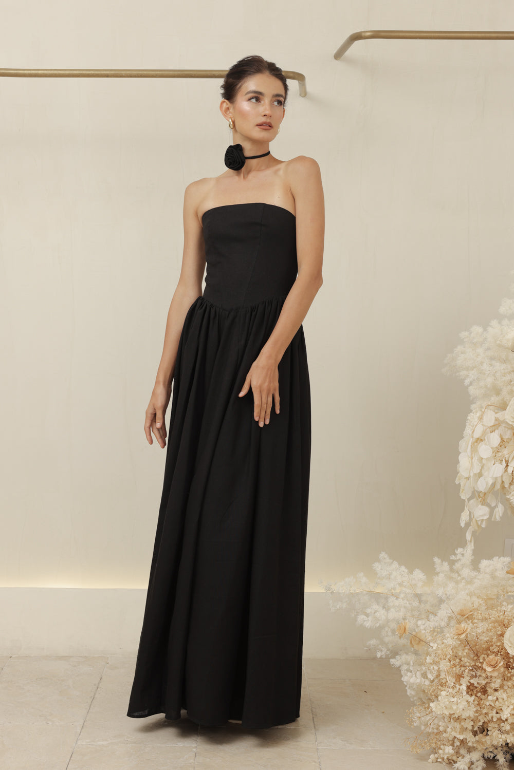 CAPUCINE DRESS Strapless Baroque Style Waist Maxi Dress with Floral Neckpiece (Black Linen)