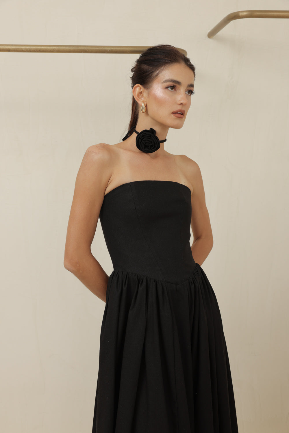CAPUCINE DRESS Strapless Baroque Style Waist Maxi Dress with Floral Neckpiece (Black Linen)