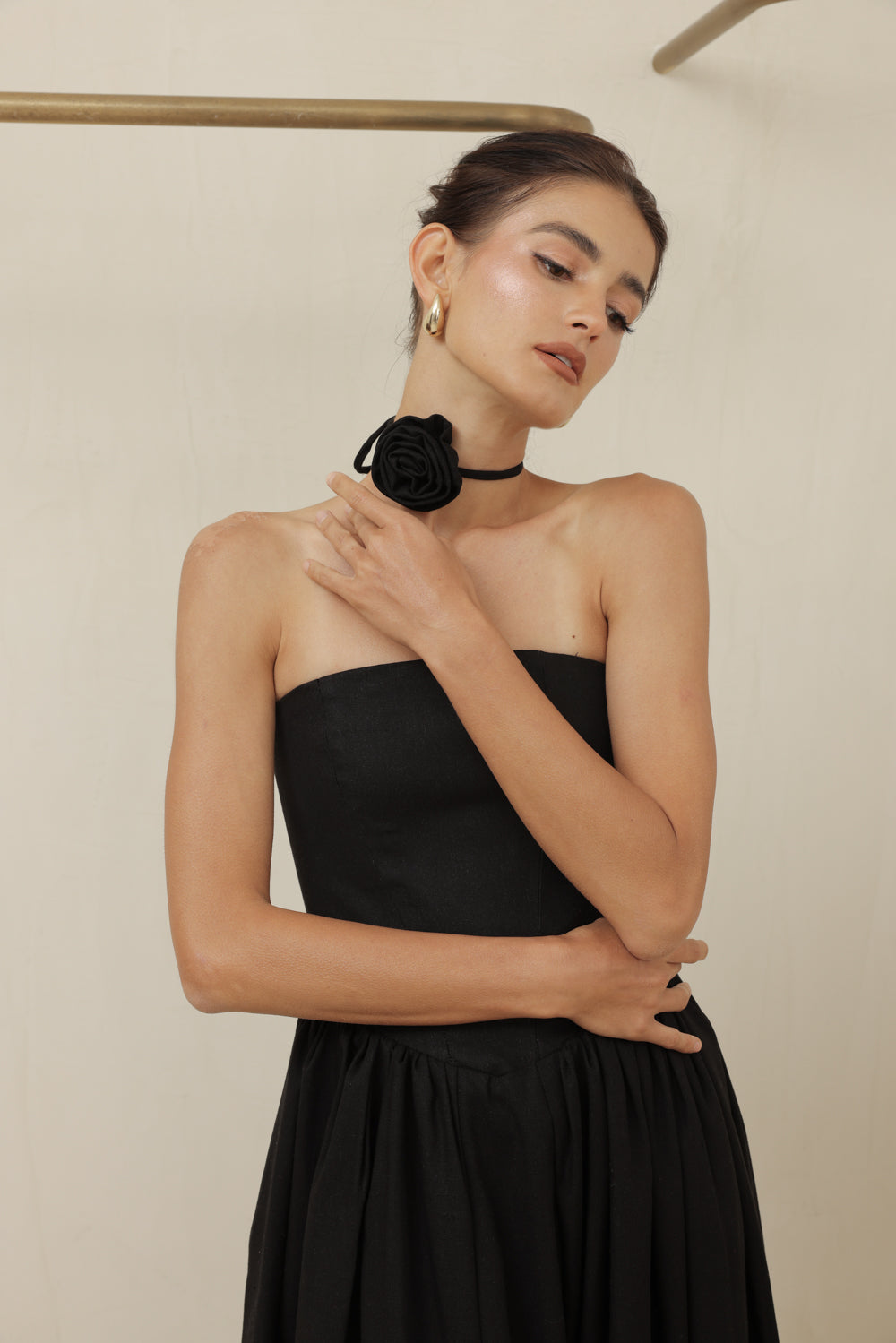 CAPUCINE DRESS Strapless Baroque Style Waist Maxi Dress with Floral Neckpiece (Black Linen)