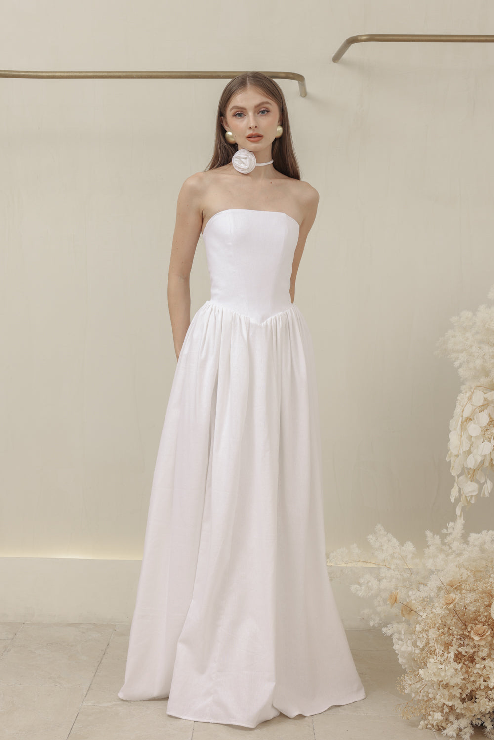 CAPUCINE DRESS Strapless Baroque Style Waist Maxi Dress with Floral Neckpiece (White Linen)