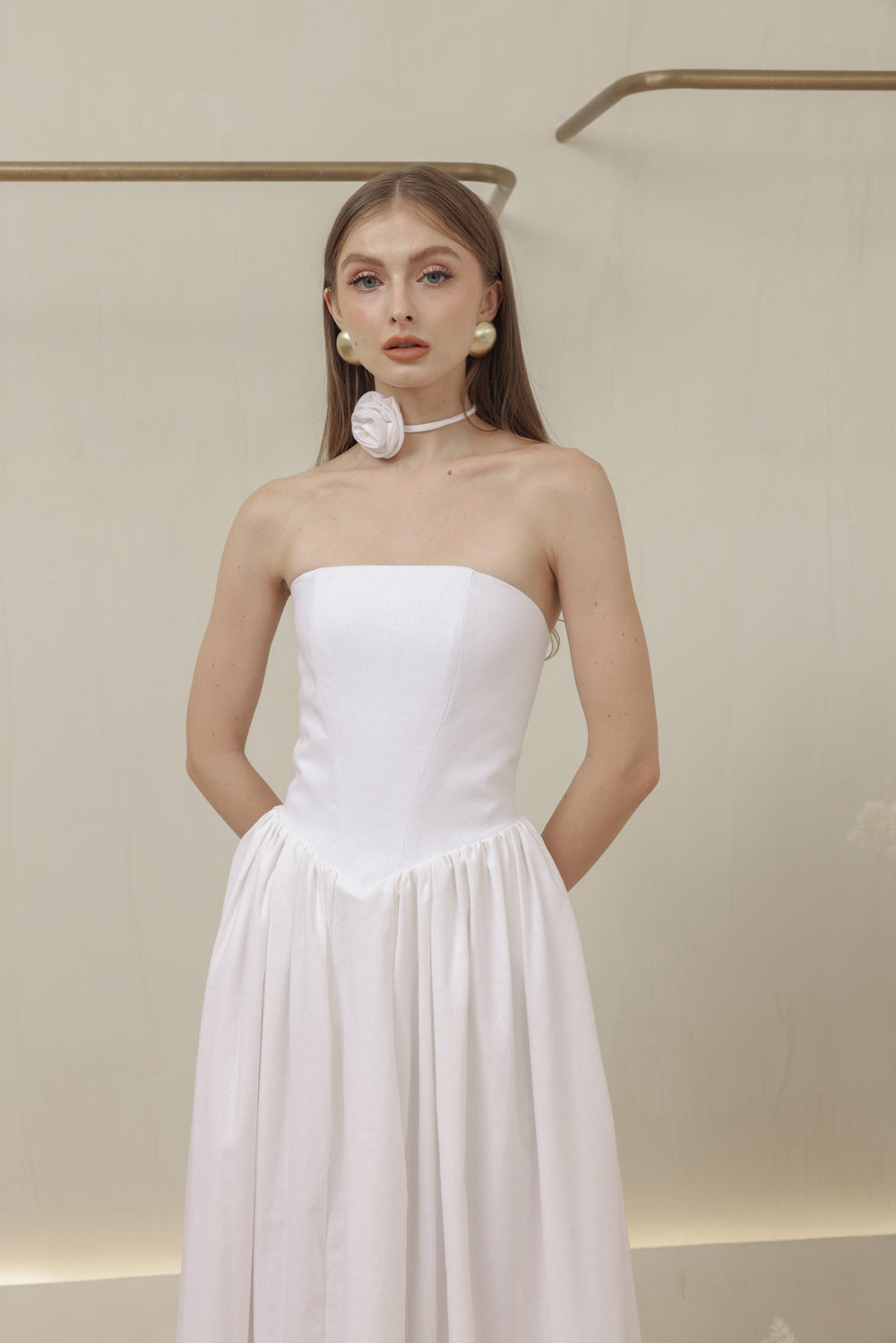 CAPUCINE DRESS Strapless Baroque Style Waist Maxi Dress with Floral Neckpiece (White Linen)