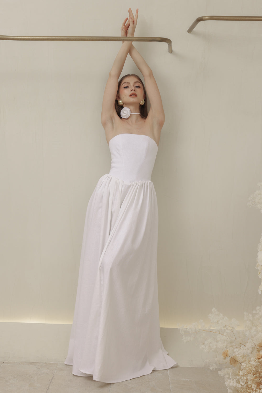 CAPUCINE DRESS Strapless Baroque Style Waist Maxi Dress with Floral Neckpiece (White Linen)