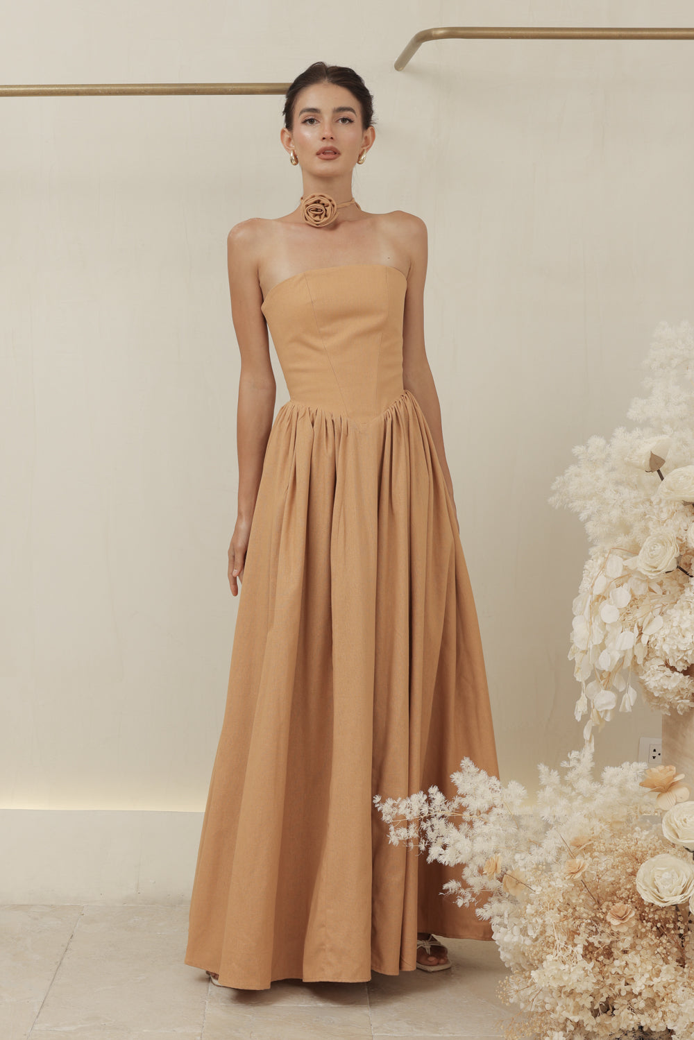 CAPUCINE DRESS Strapless Baroque Style Waist Maxi Dress with Floral Neckpiece (Camel Linen)