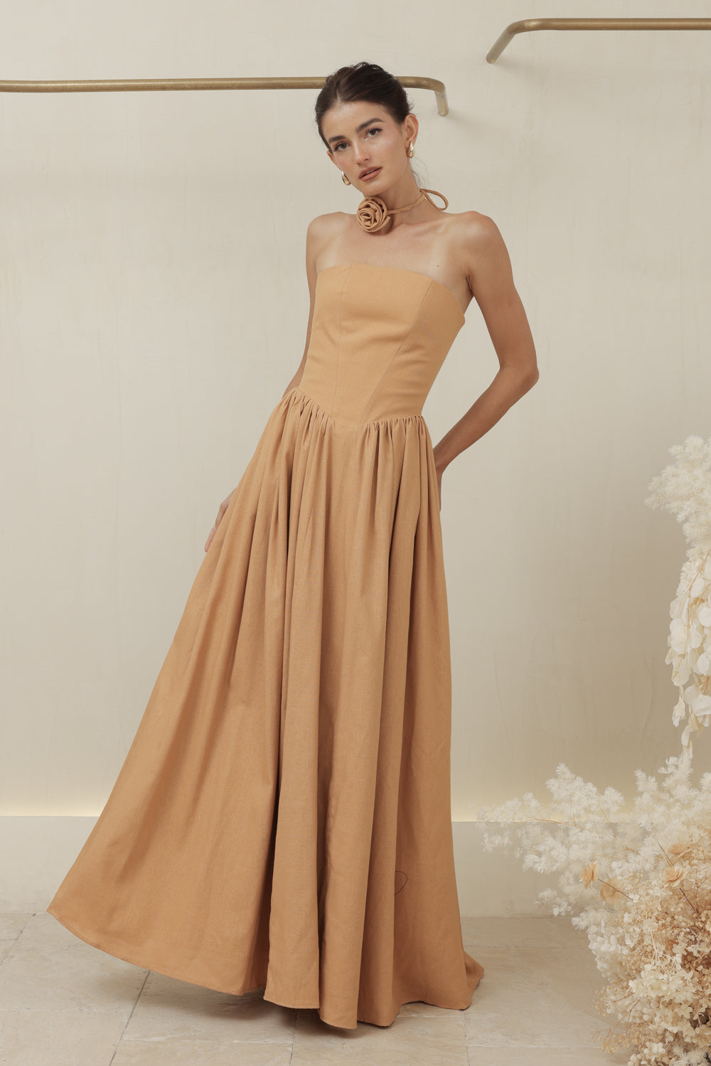 CAPUCINE DRESS Strapless Baroque Style Waist Maxi Dress with Floral Neckpiece (Camel Linen)