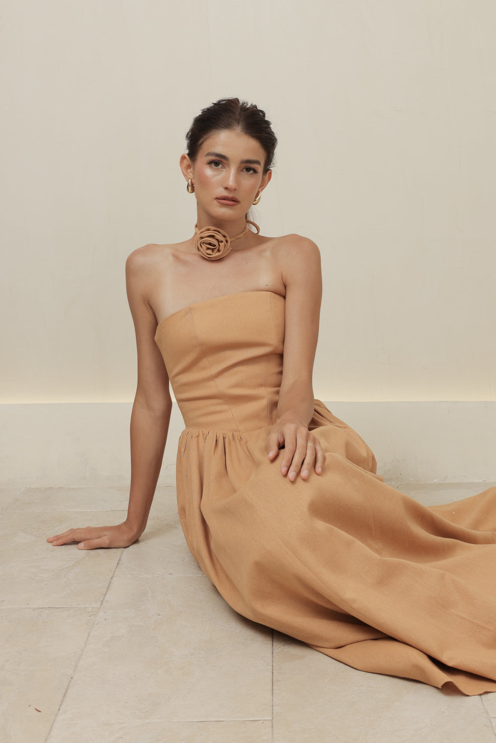 CAPUCINE DRESS Strapless Baroque Style Waist Maxi Dress with Floral Neckpiece (Camel Linen)