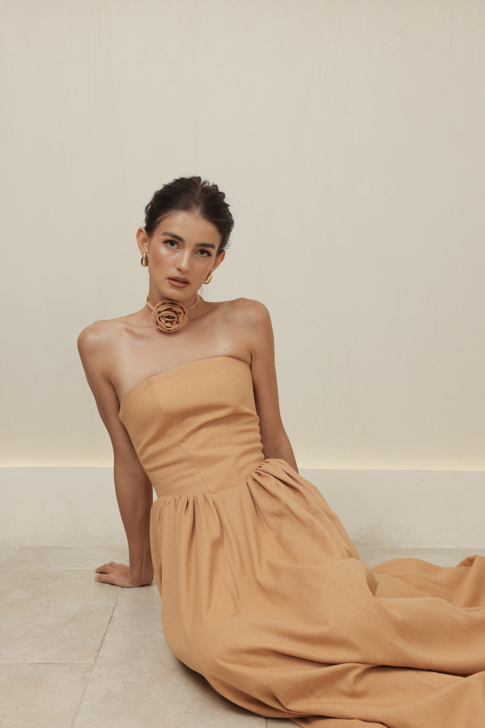 CAPUCINE DRESS Strapless Baroque Style Waist Maxi Dress with Floral Neckpiece (Camel Linen)