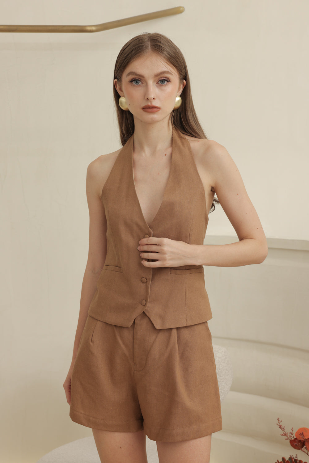 HARRIET SET Halter Vest and Pleated Trouser Short Set (Light Brown Linen)