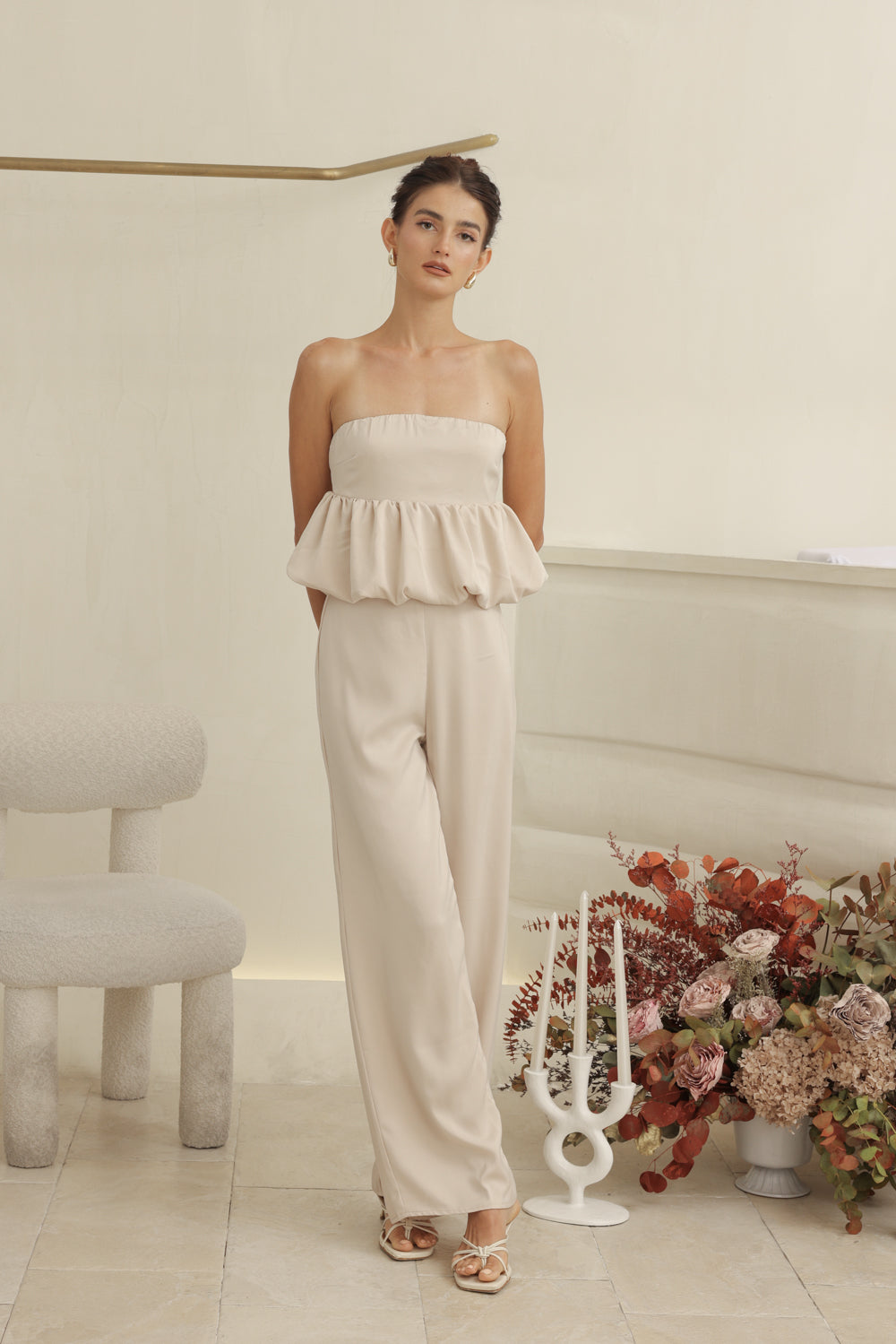 REMI PANT SET Strapless Peplum Top and Straight Cut Pant (Nude Silk Crepe)