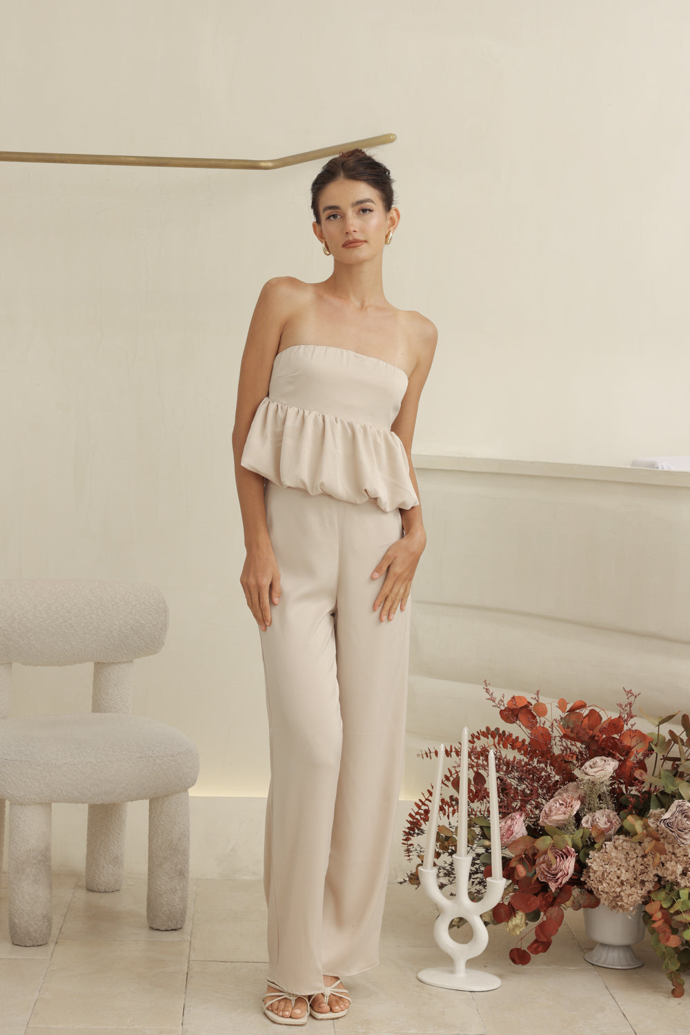 REMI PANT SET Strapless Peplum Top and Straight Cut Pant (Nude Silk Crepe)
