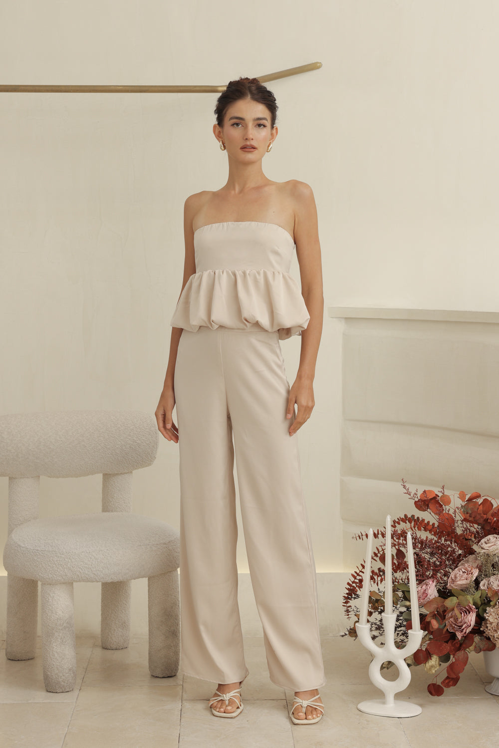 REMI PANT SET Strapless Peplum Top and Straight Cut Pant (Nude Silk Crepe)