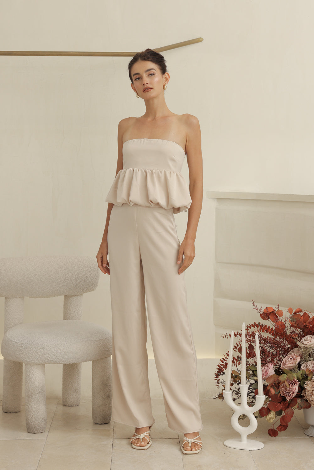 REMI PANT SET Strapless Peplum Top and Straight Cut Pant (Nude Silk Crepe)