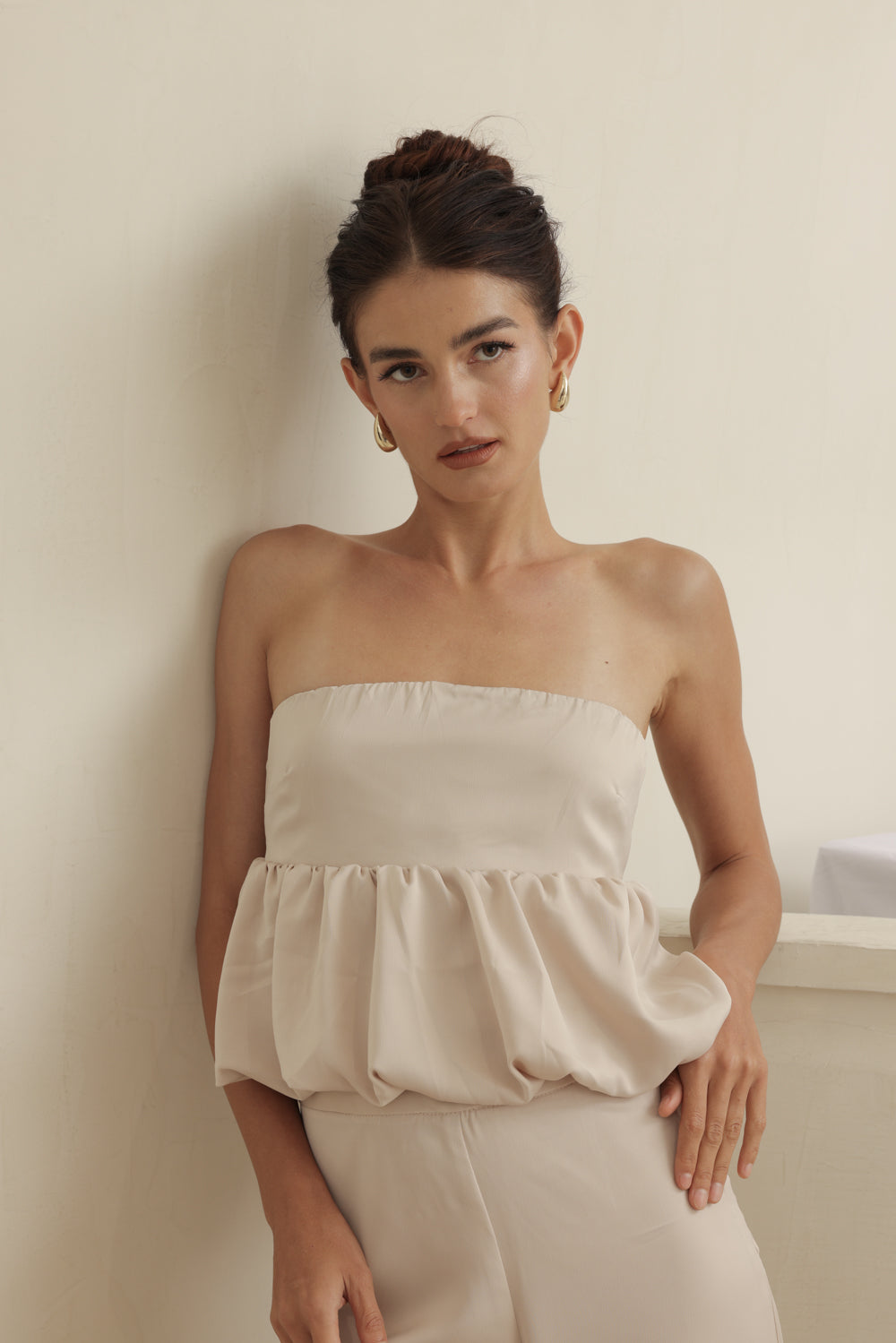 REMI PANT SET Strapless Peplum Top and Straight Cut Pant (Nude Silk Crepe)