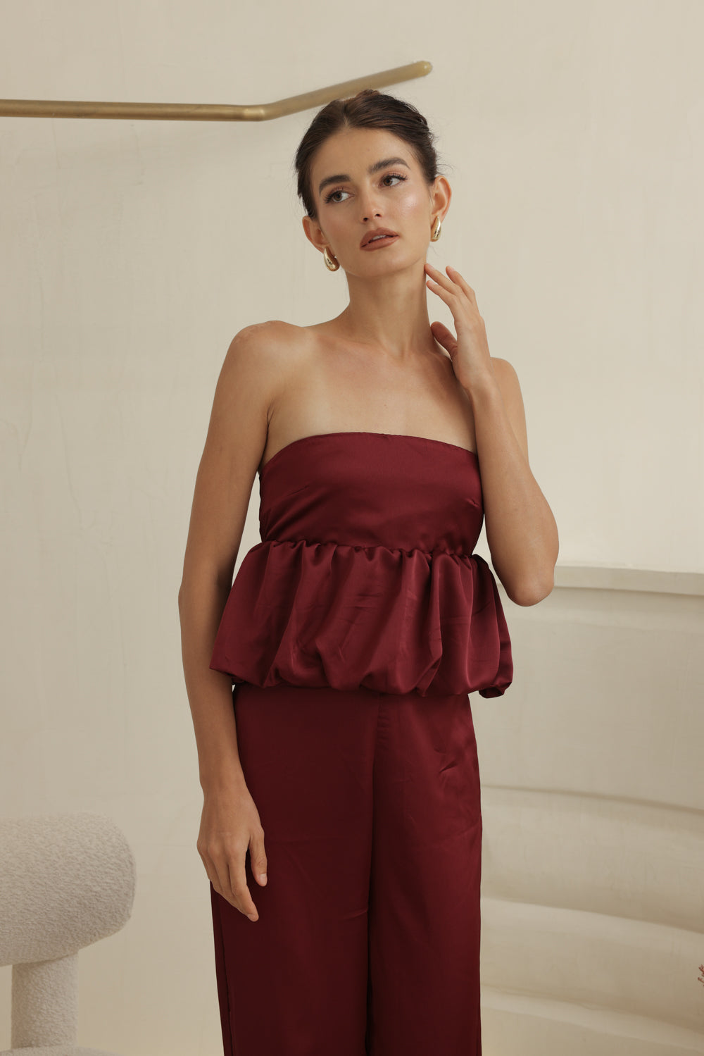 REMI PANT SET Strapless Peplum Top and Straight Cut Pant (Maroon Silk Crepe)
