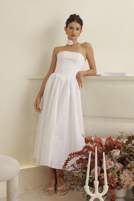 COCO DRESS Strapless Baroque Style Waist Midi Dress with Floral Neckpiece (White Linen)
