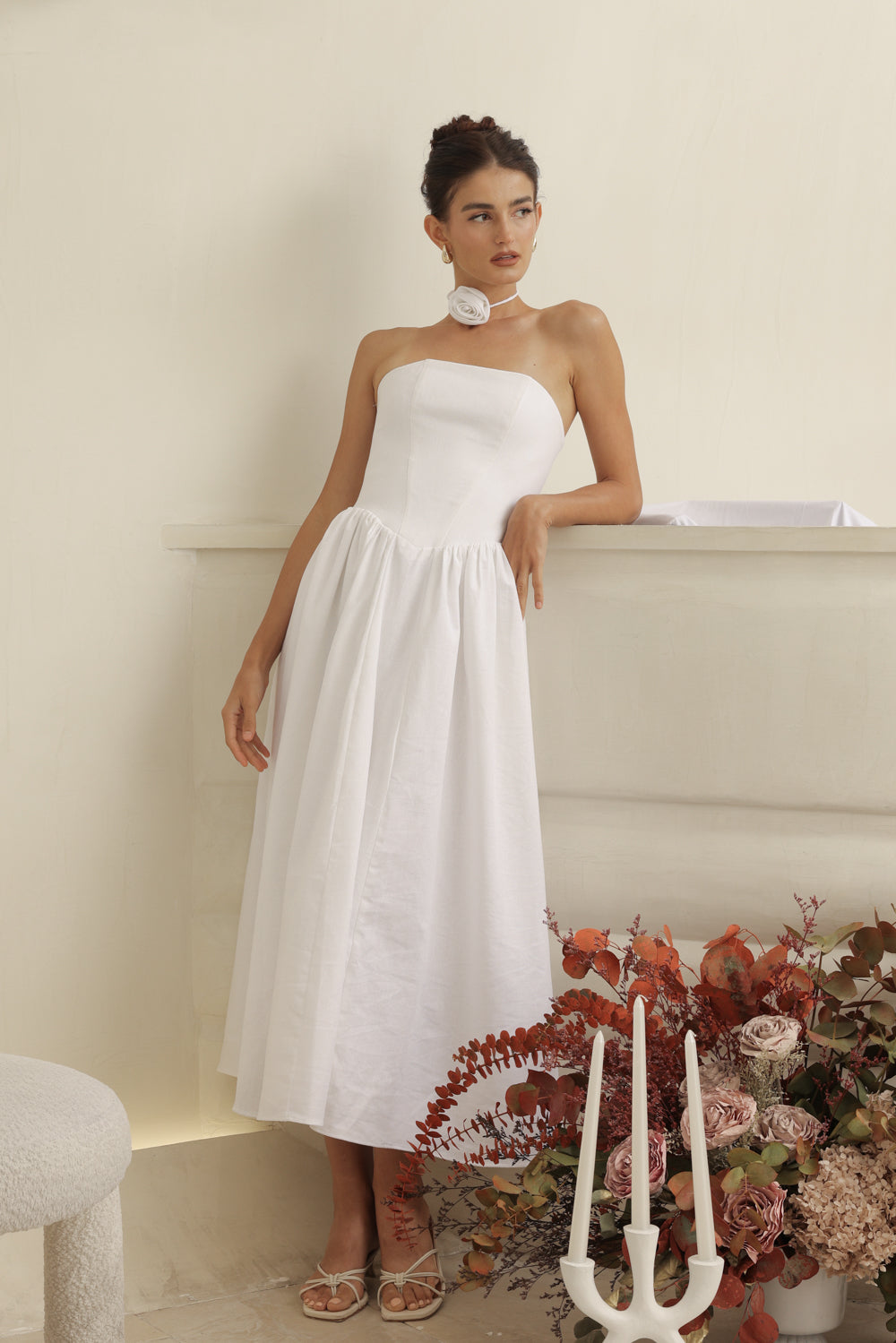 COCO DRESS Strapless Baroque Style Waist Midi Dress with Floral Neckpiece (White Linen)