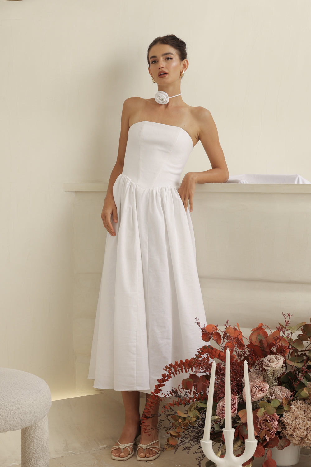 COCO DRESS Strapless Baroque Style Waist Midi Dress with Floral Neckpiece (White Linen)