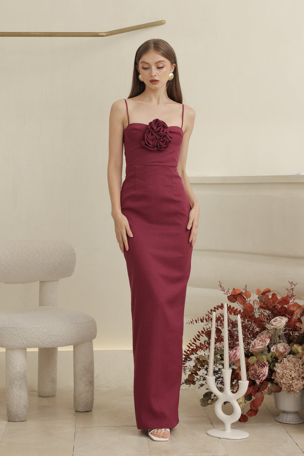 JULIETTE DRESS Strappy Pencil Skirt Maxi with Trio Floral Detail (Plum Linen)