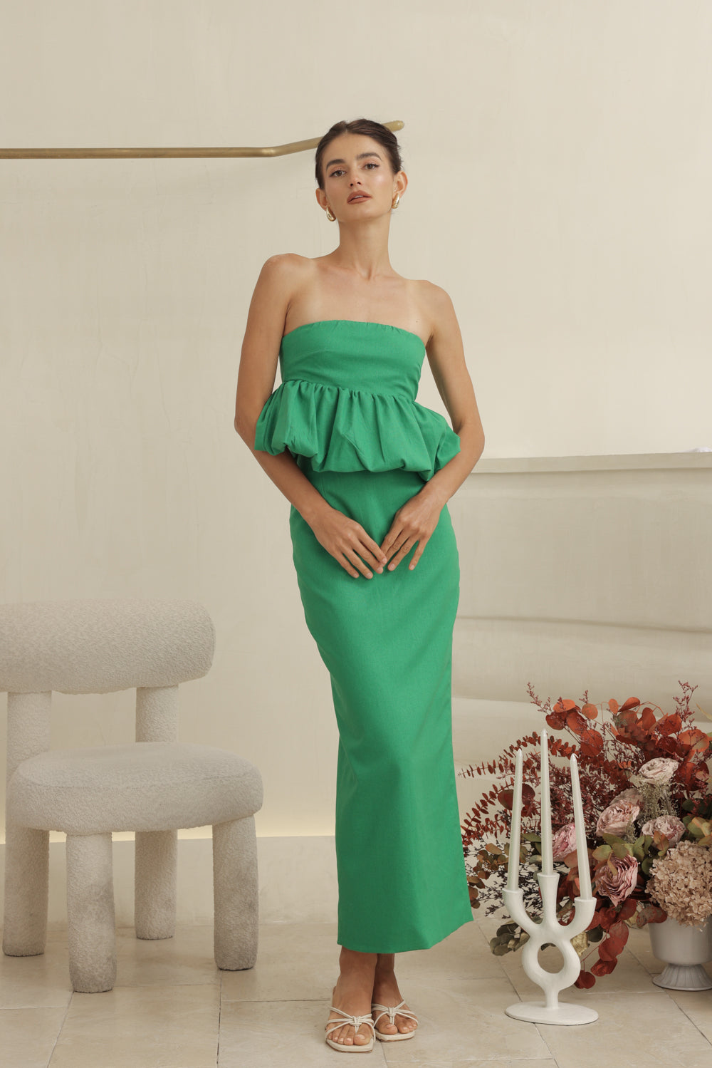 BIJOU DRESS Strapless Peplum Top and Pencil Skirt (Emerald Green Linen)
