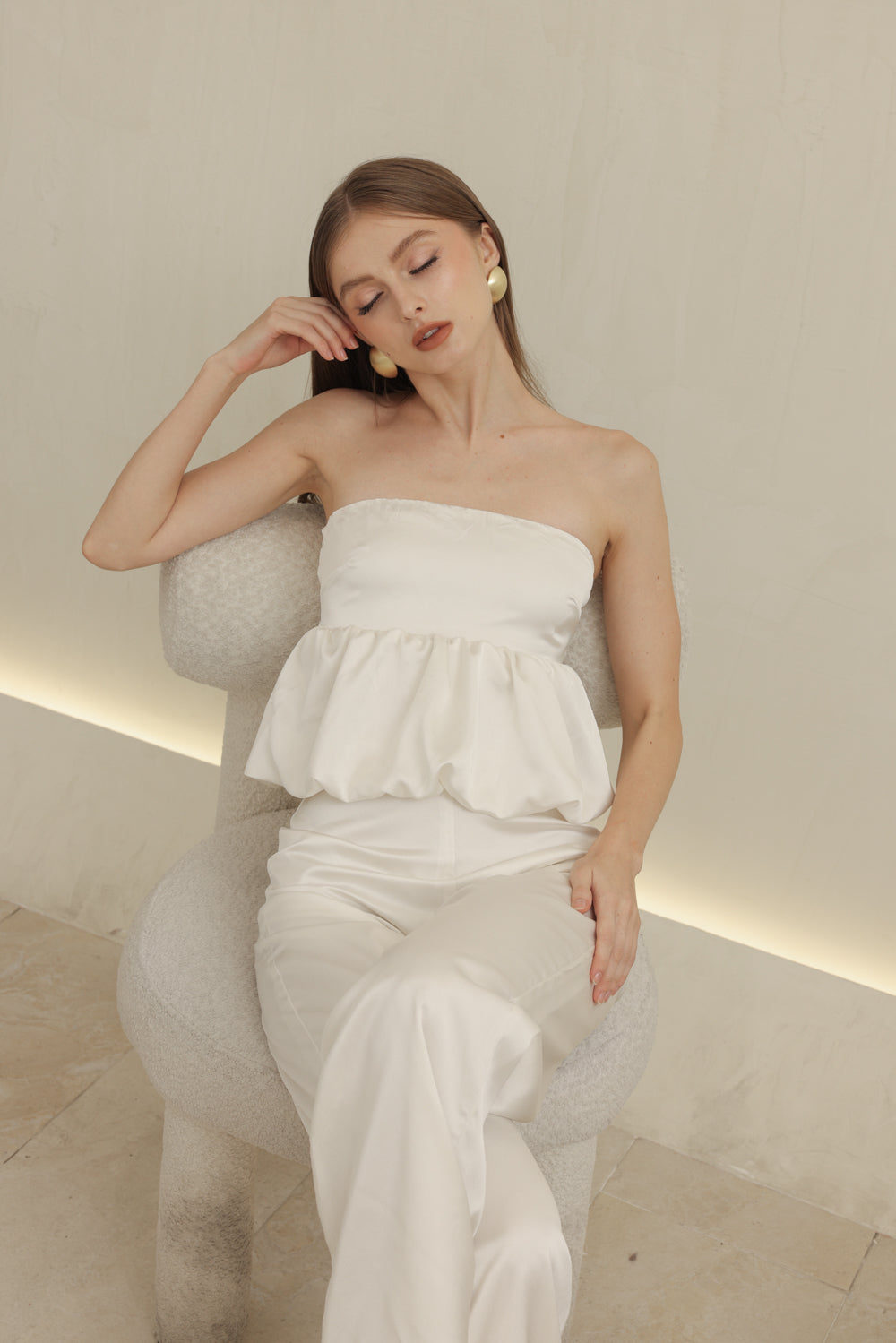 REMI PANT SET Strapless Peplum Top and Straight Cut Pant (Ivory White Silk Crepe)