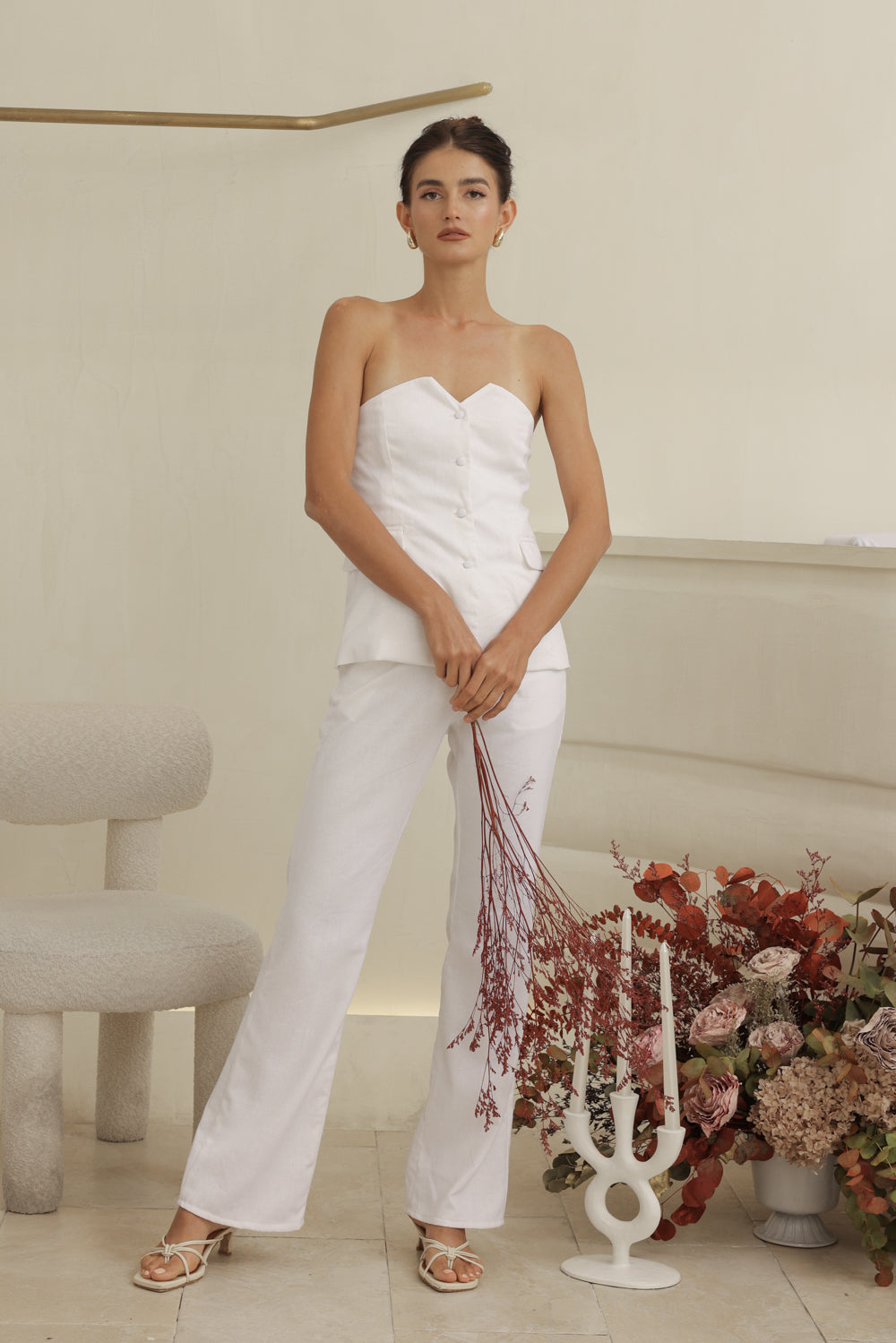 ROMILLY PANT SET Strapless Suit Top and Straight Cut Trouser (White Linen)