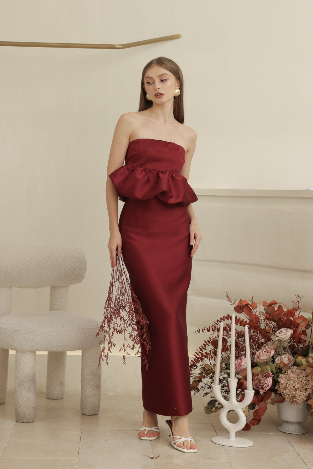 EMBER DRESS Strapless Peplum Top and Pencil  (Dark Maroon Gazaar)