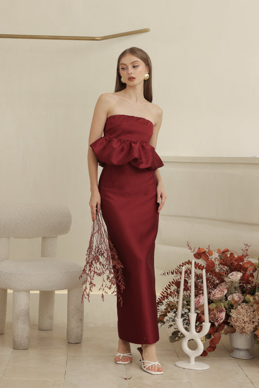 EMBER DRESS Strapless Peplum Top and Pencil  (Dark Maroon Gazaar)
