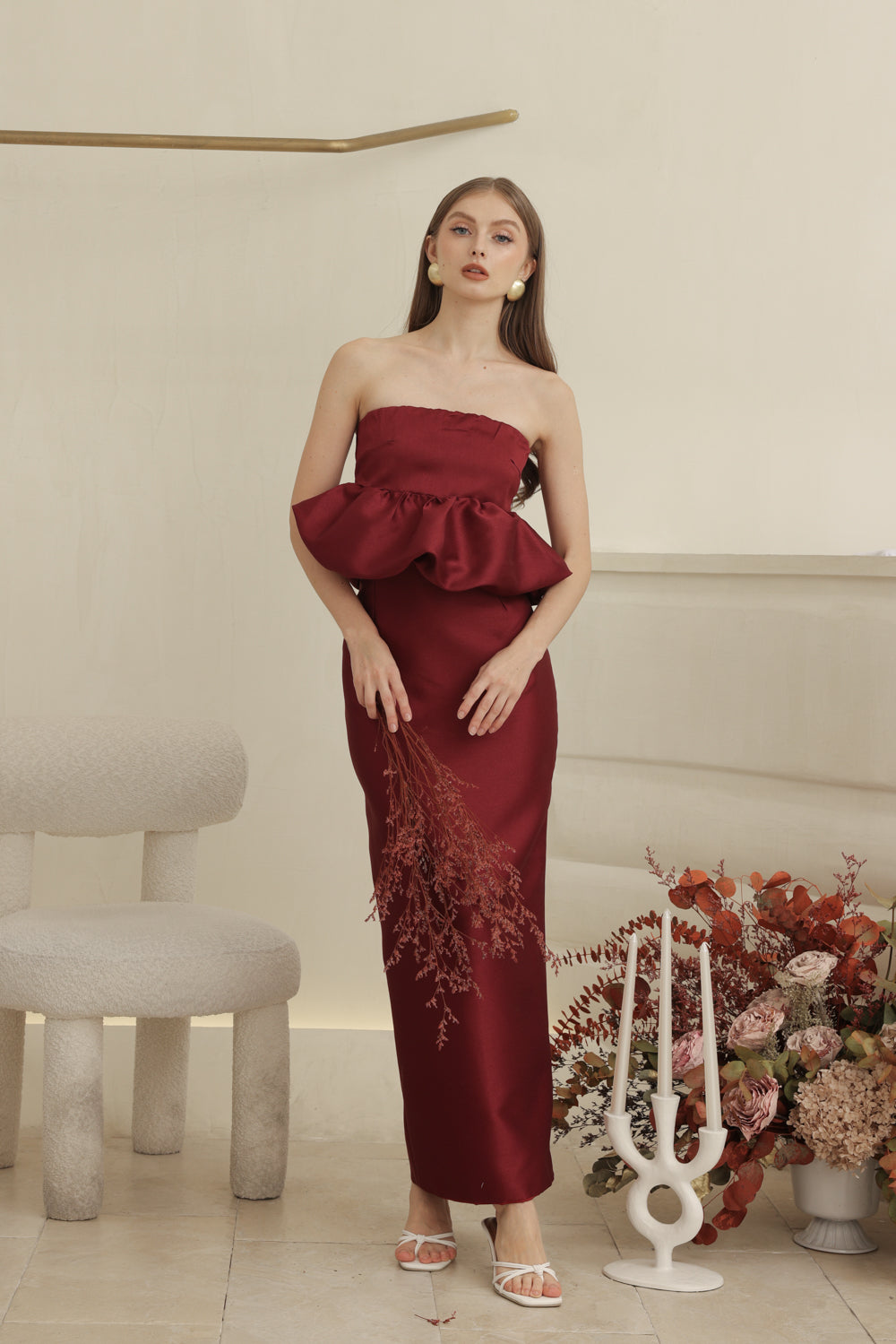 EMBER DRESS Strapless Peplum Top and Pencil  (Dark Maroon Gazaar)