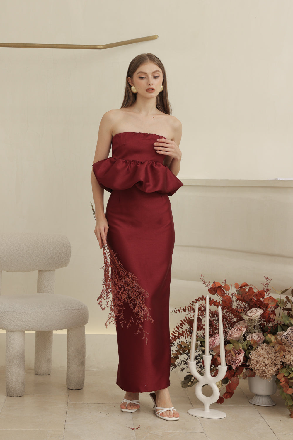 EMBER DRESS Strapless Peplum Top and Pencil  (Dark Maroon Gazaar)